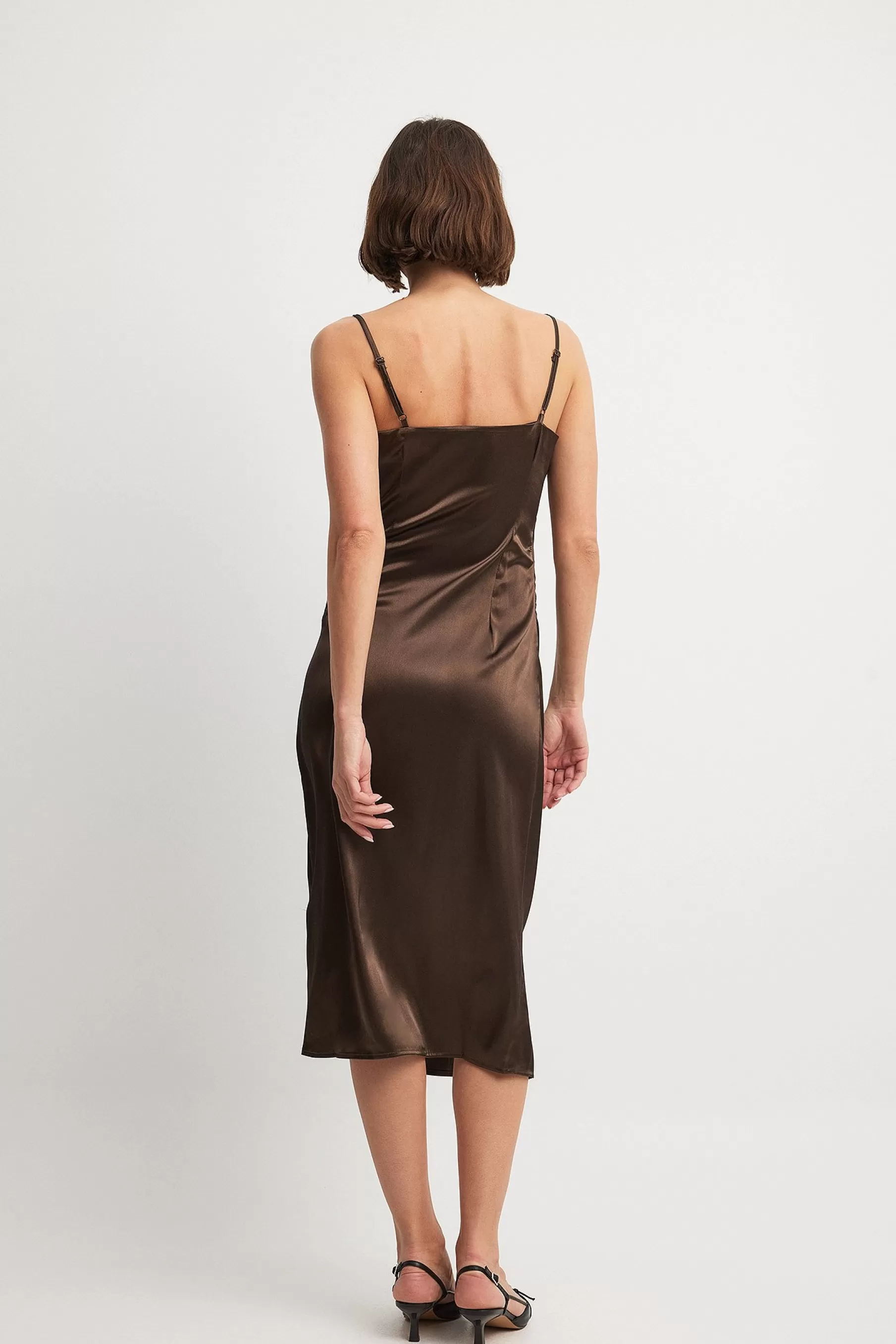 NA-KD Overlap Satin Slip Dress Brown