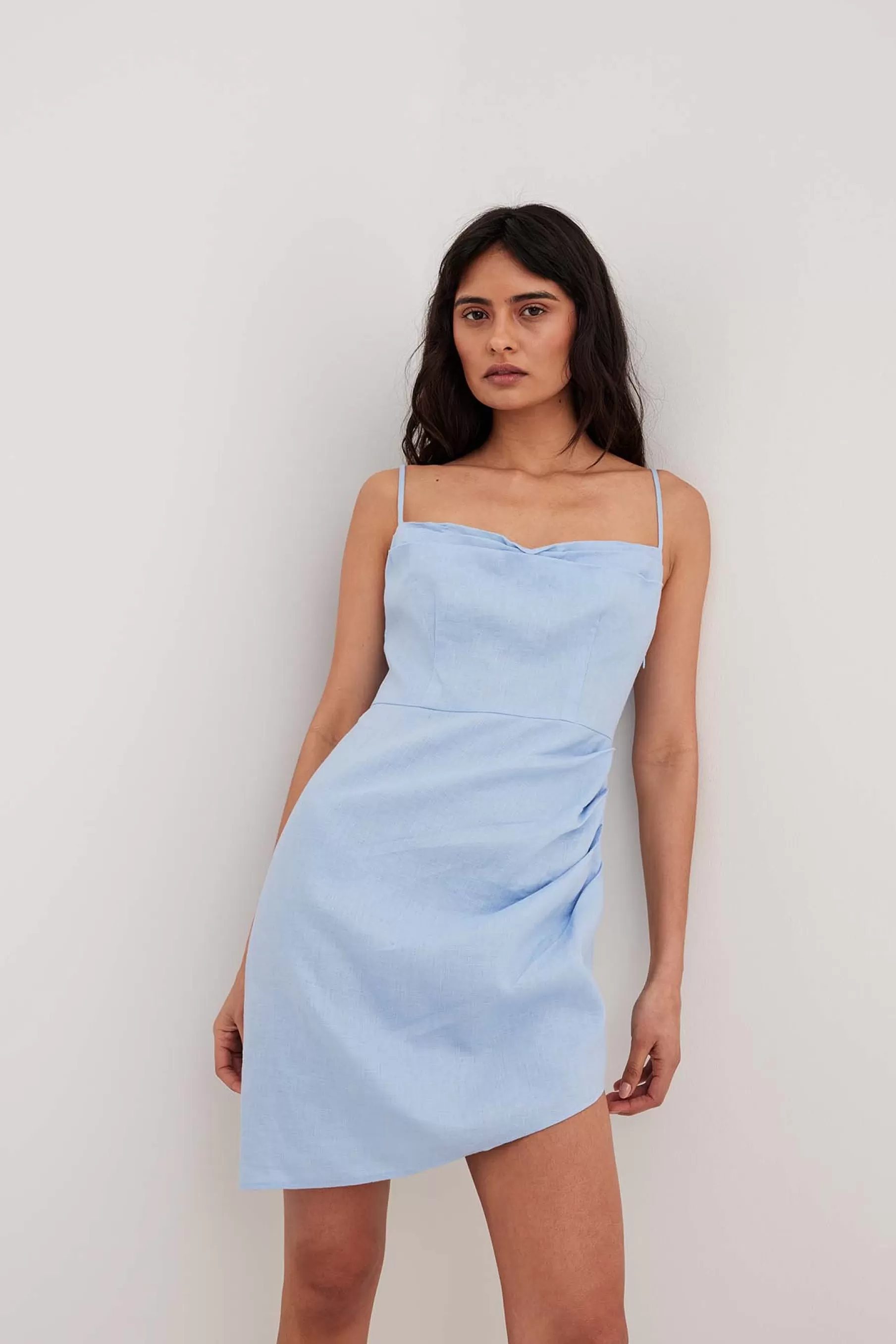 NA-KD Overlap Waterfall Linen Dress Blue