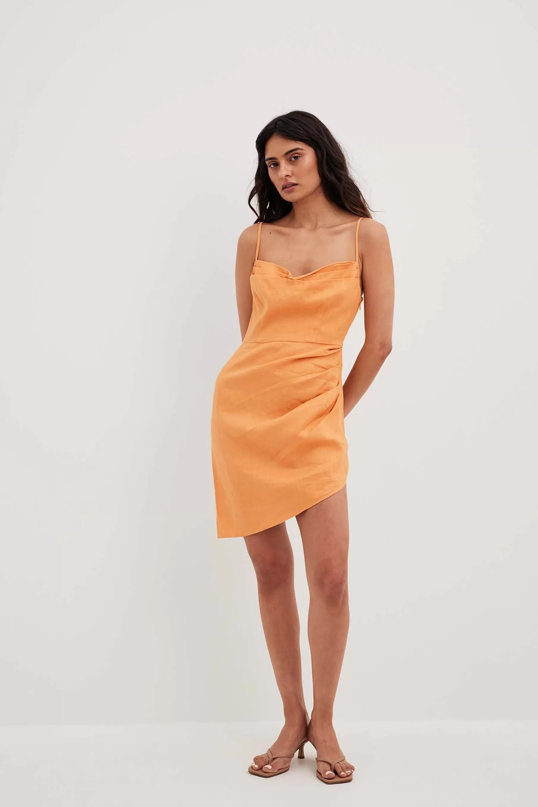 NA-KD Overlap Waterfall Linen Dress Orange