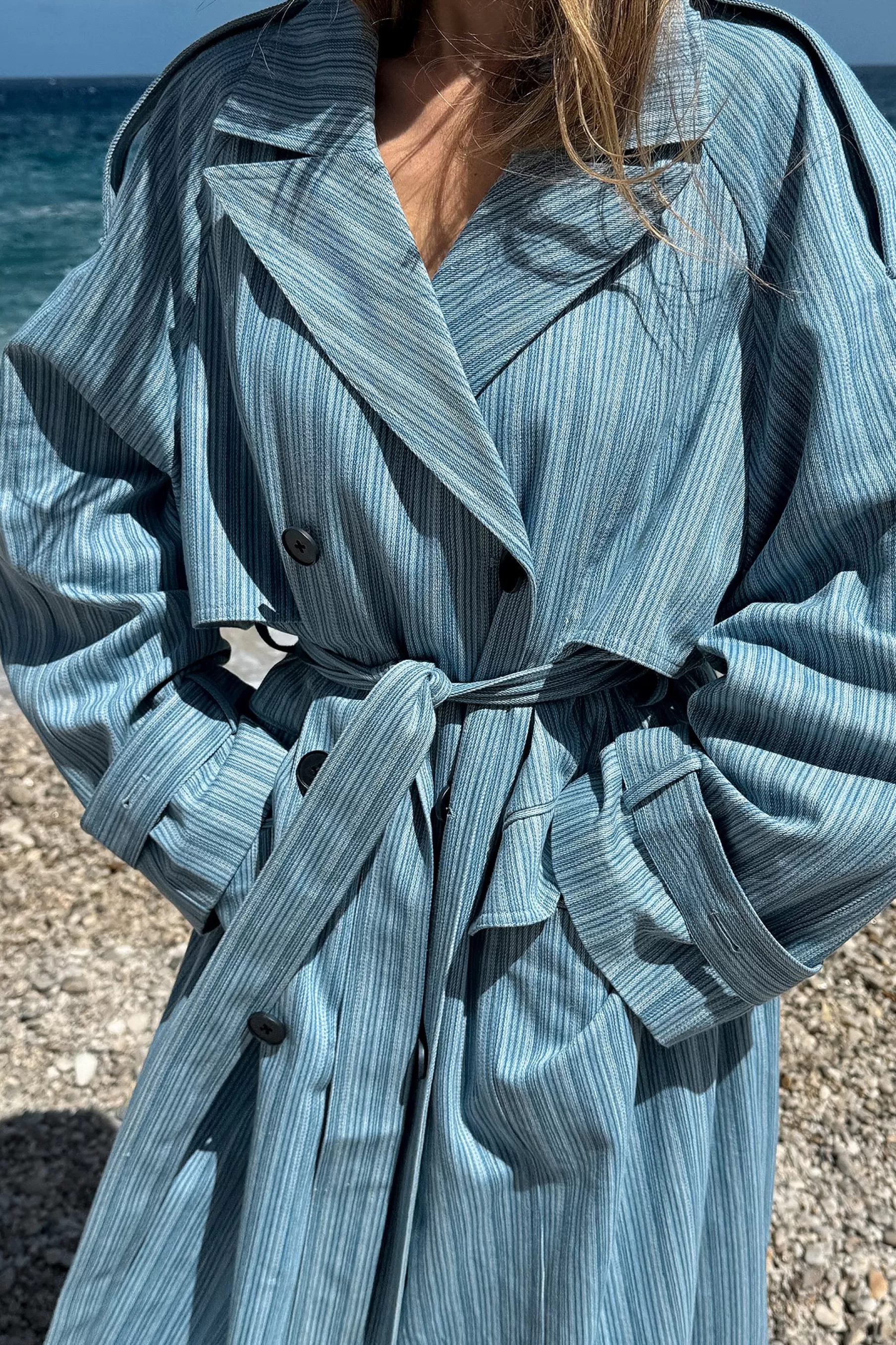 NA-KD Oversized Belted Striped Trench Coat Blue