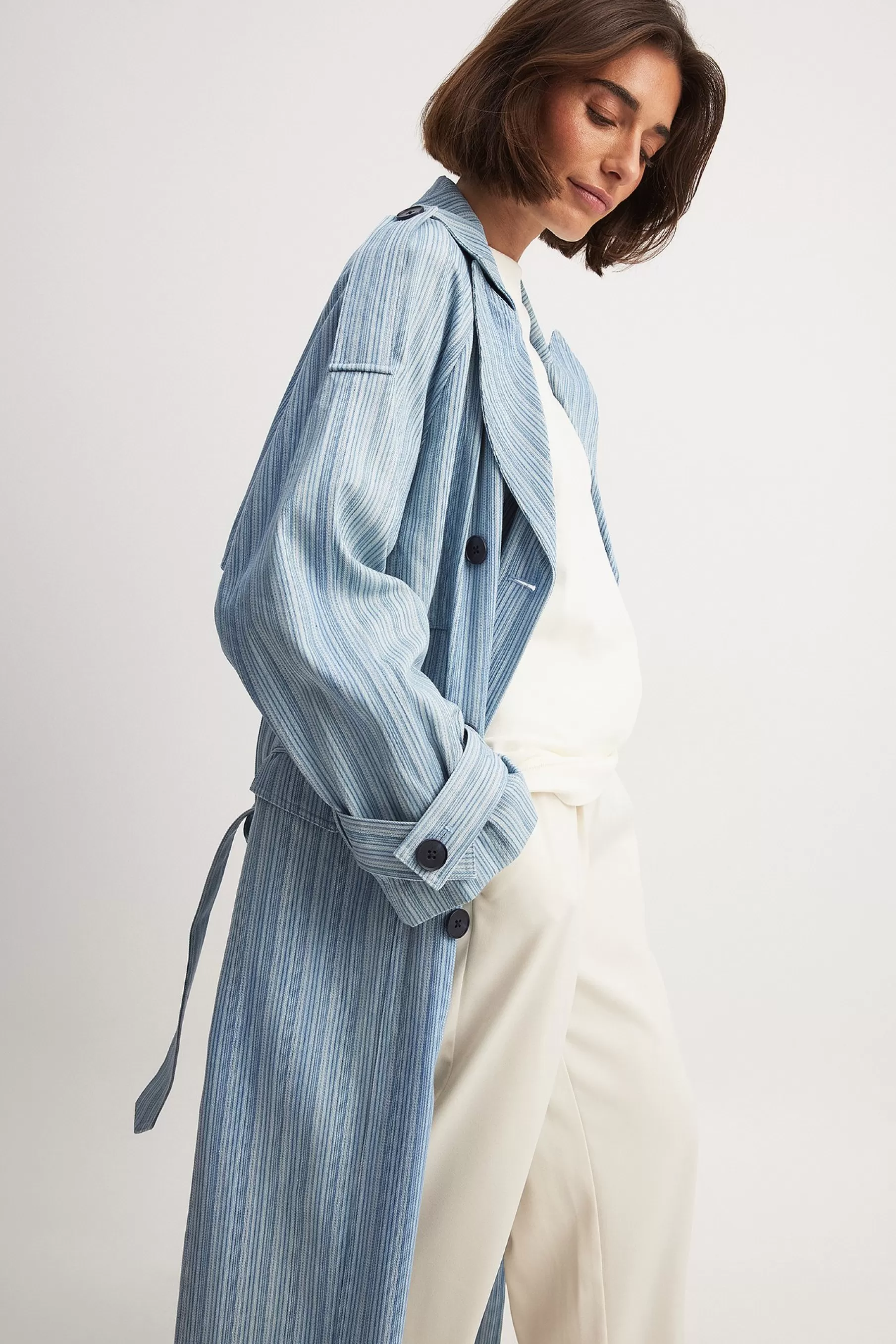 NA-KD Oversized Belted Striped Trench Coat Blue