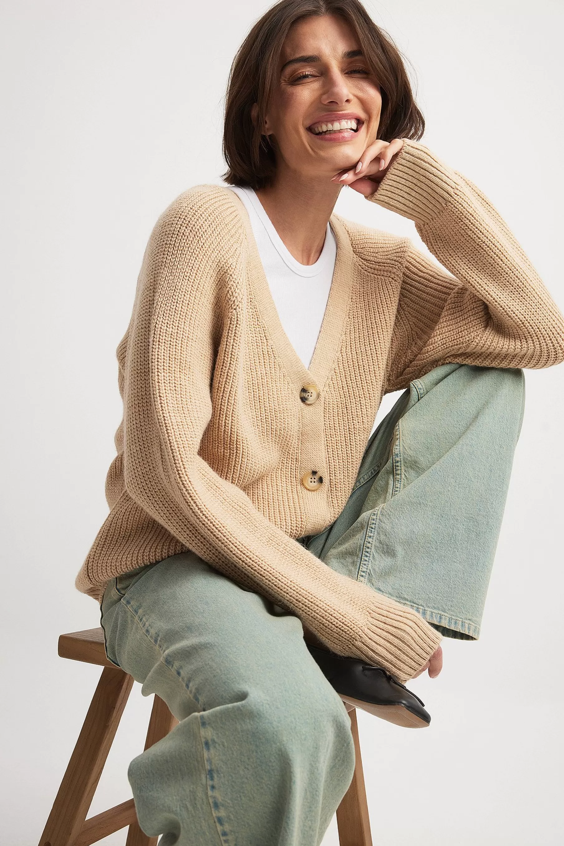 NA-KD Oversized Knitted Cardigan Beige