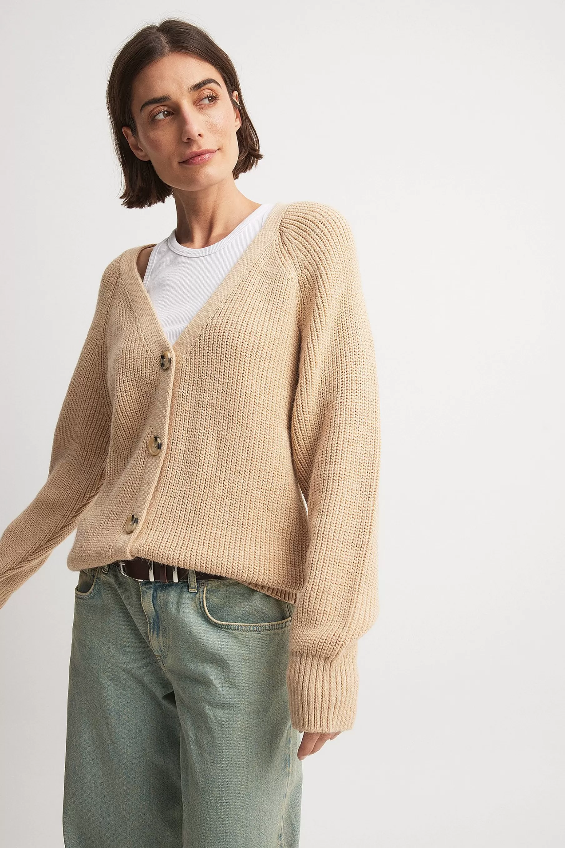 NA-KD Oversized Knitted Cardigan Beige