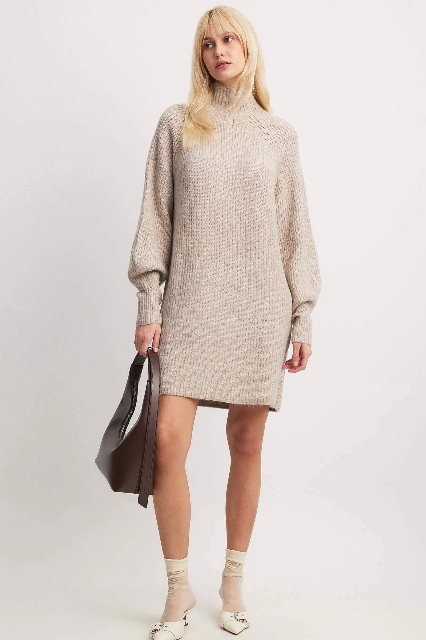 NA-KD Oversized Knitted Polo Dress Beige