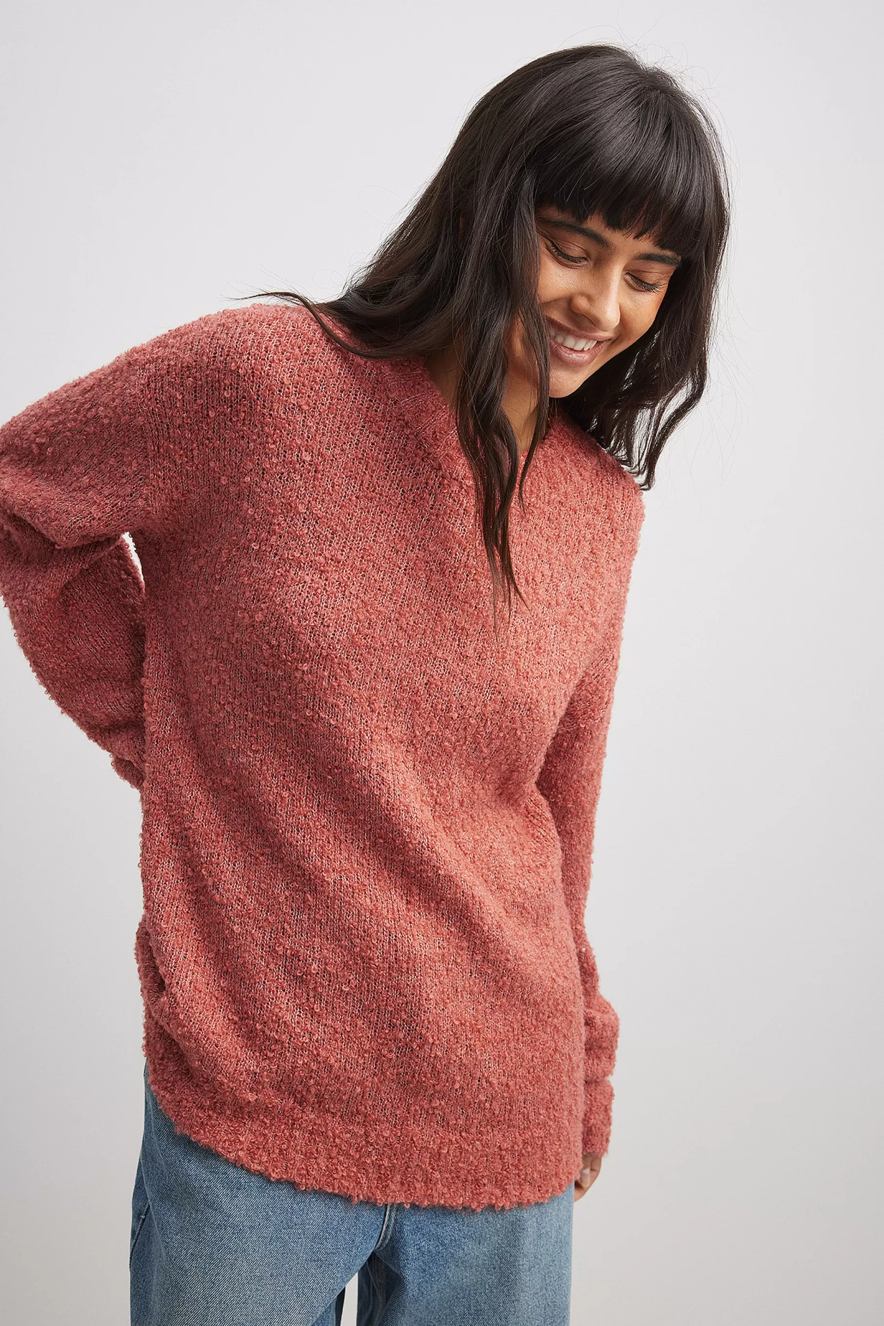 NA-KD Oversized Knittted Round Neck Structure Sweater Pink