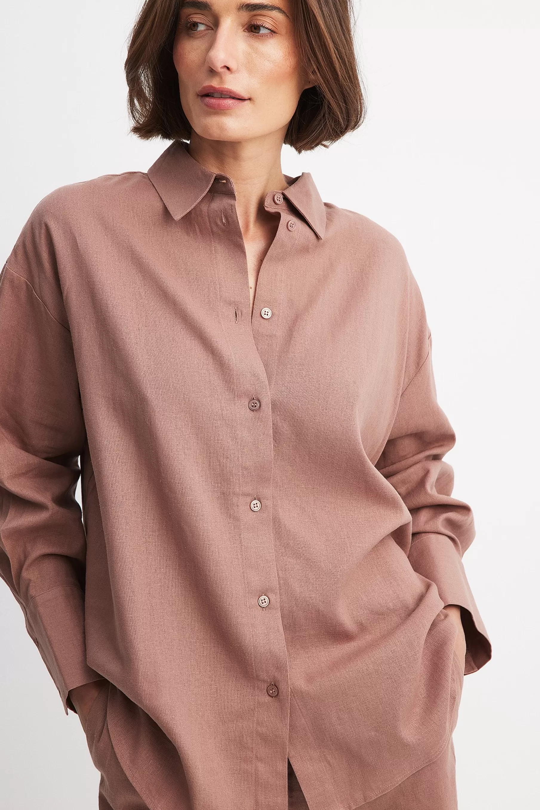 NA-KD Oversized Linen Blend Shirt Brown