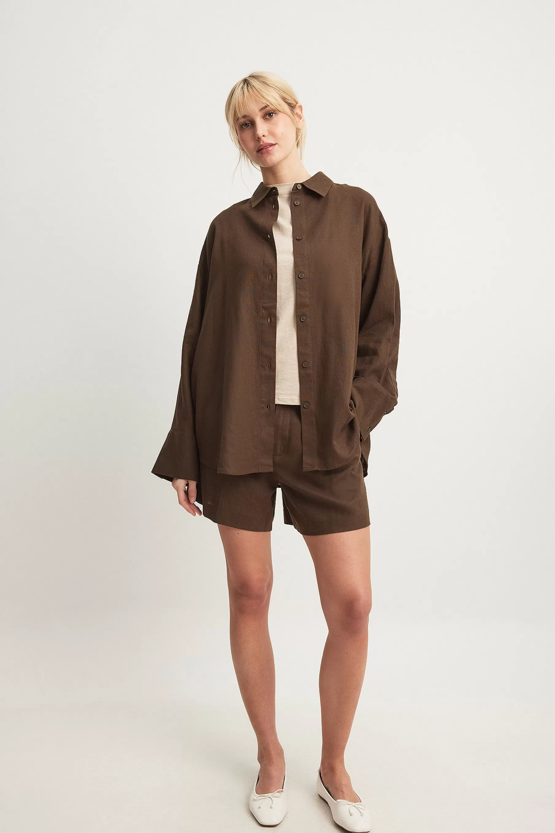 NA-KD Oversized Linen Blend Shirt Brown