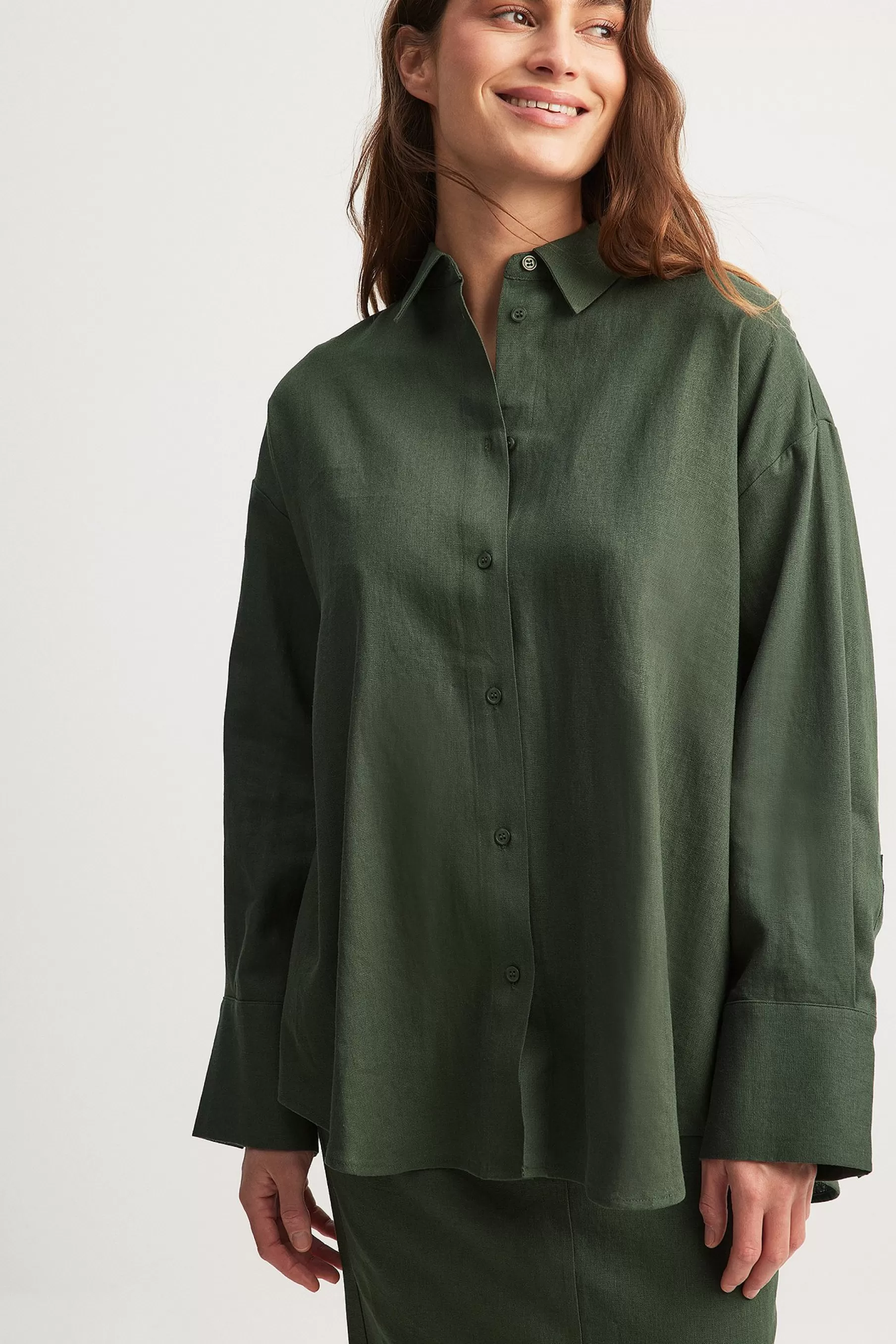 NA-KD Oversized Linen Blend Shirt Green