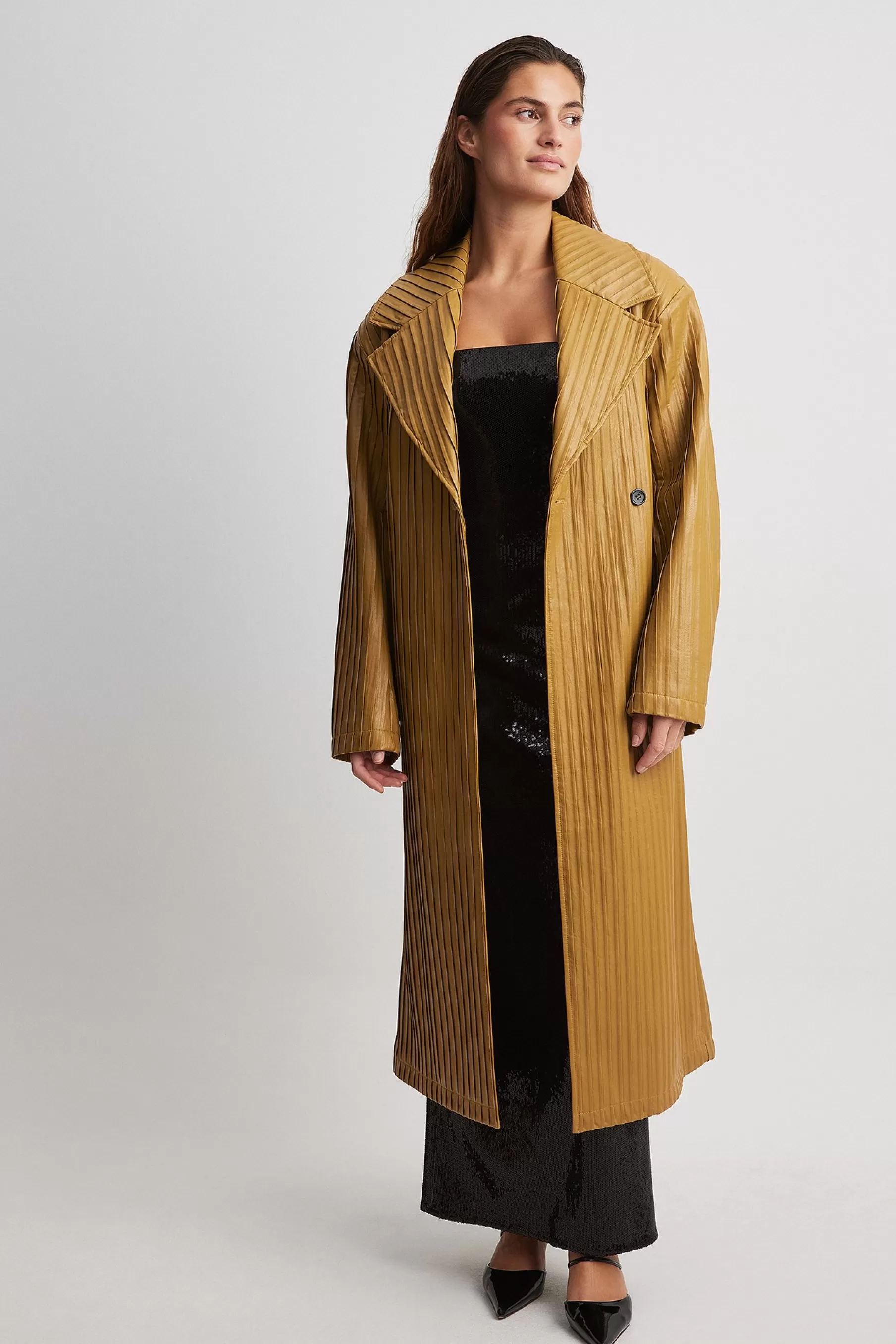 NA-KD Oversized Pleated Pu Trench Coat Yellow