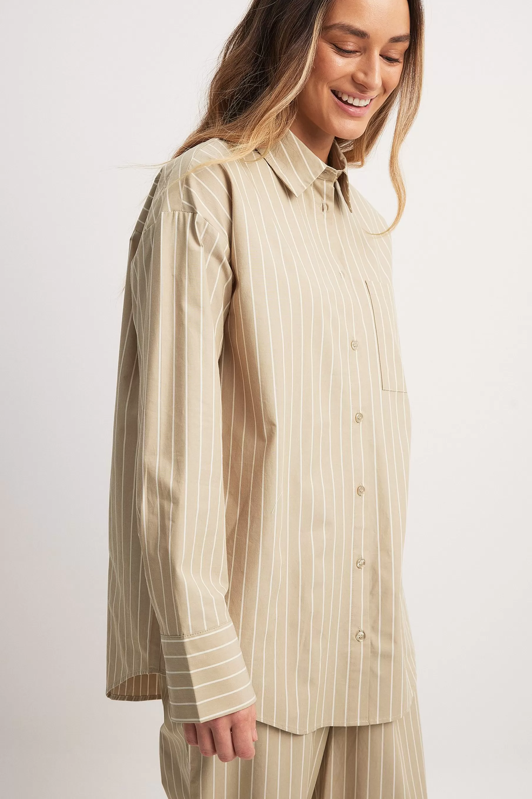 NA-KD Oversized Pocket Detail Cotton Shirt Beige