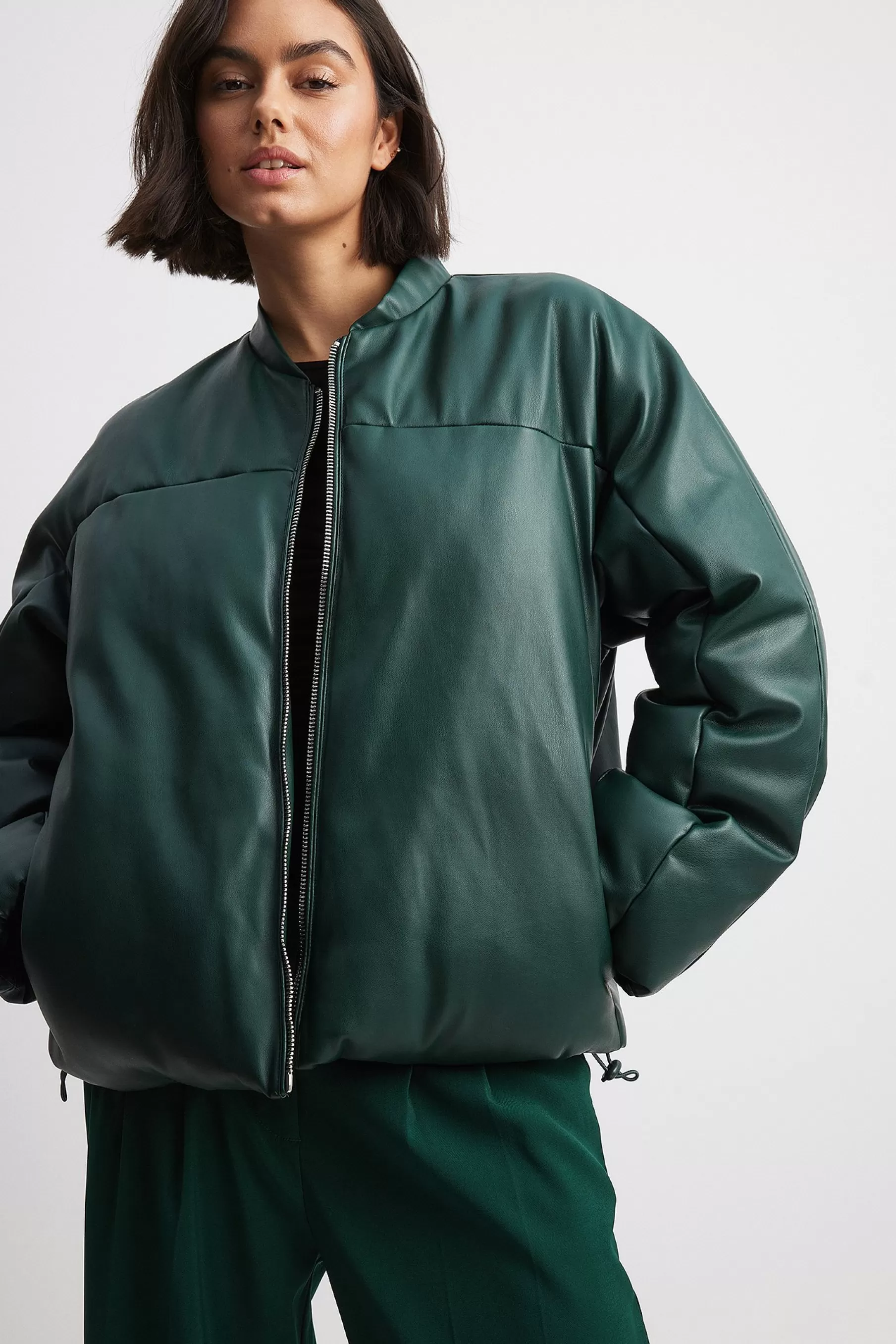 NA-KD Oversized PU Puffer Bomber Jacket Green