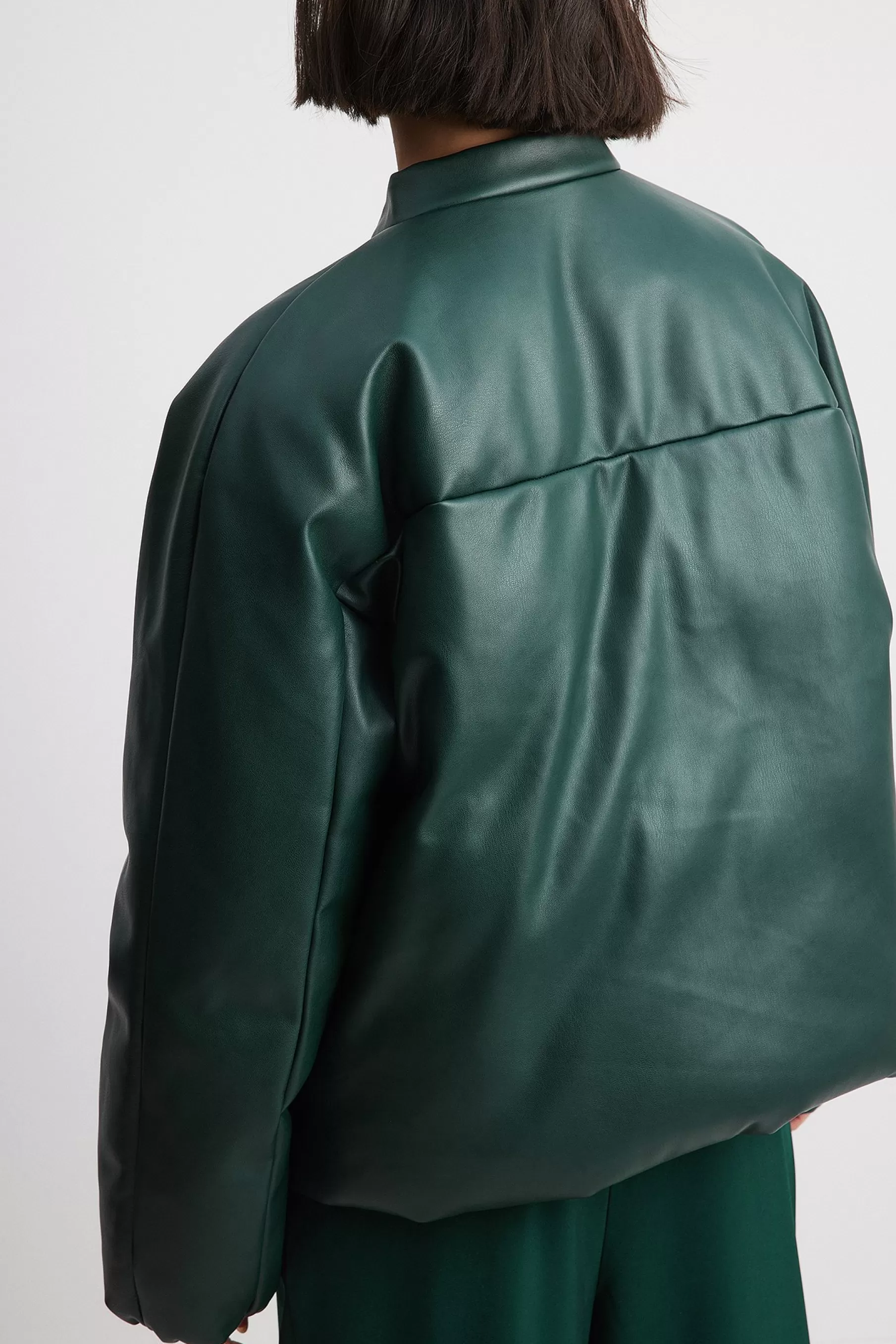 NA-KD Oversized PU Puffer Bomber Jacket Green