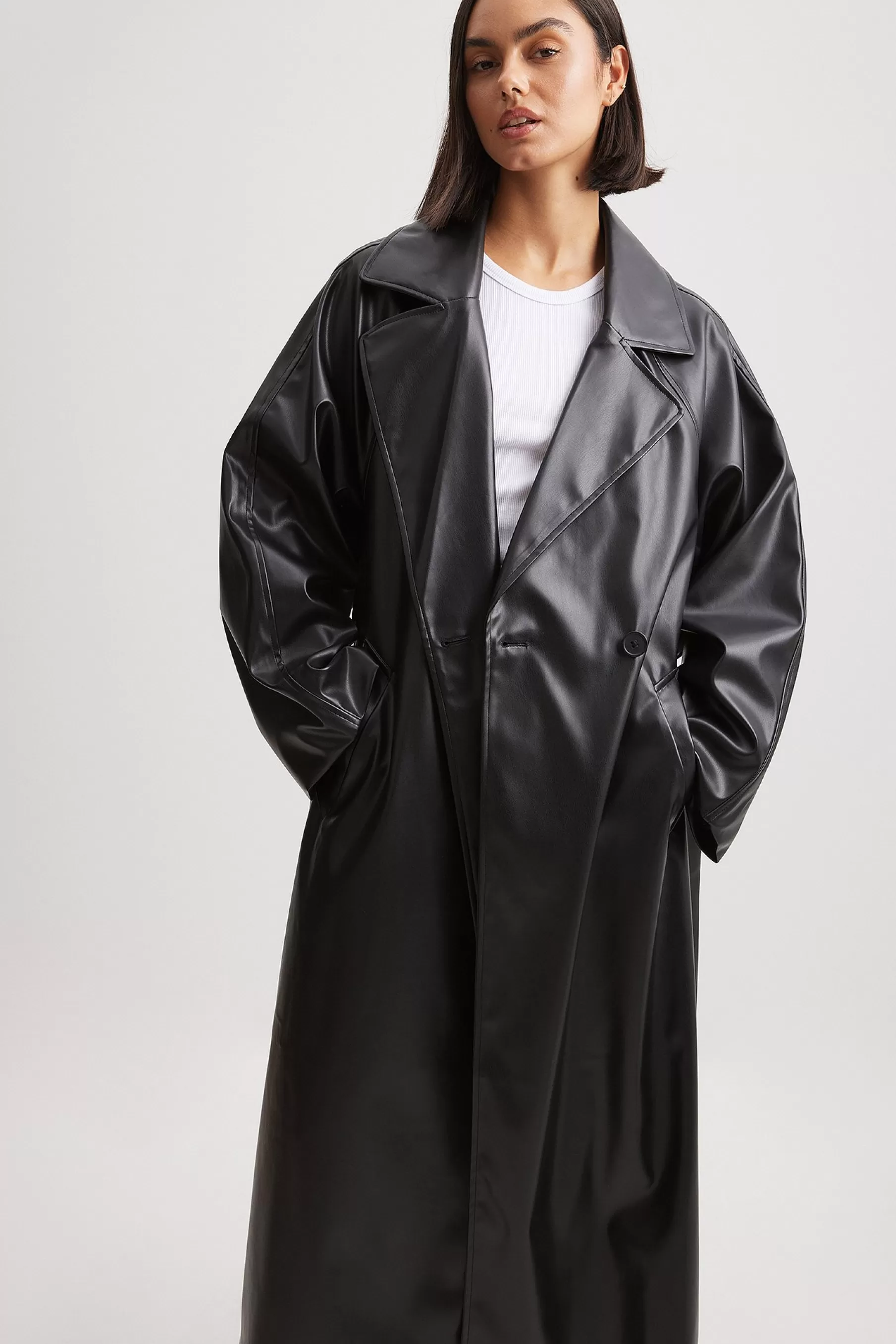 NA-KD Oversized PU Trench Coat Black