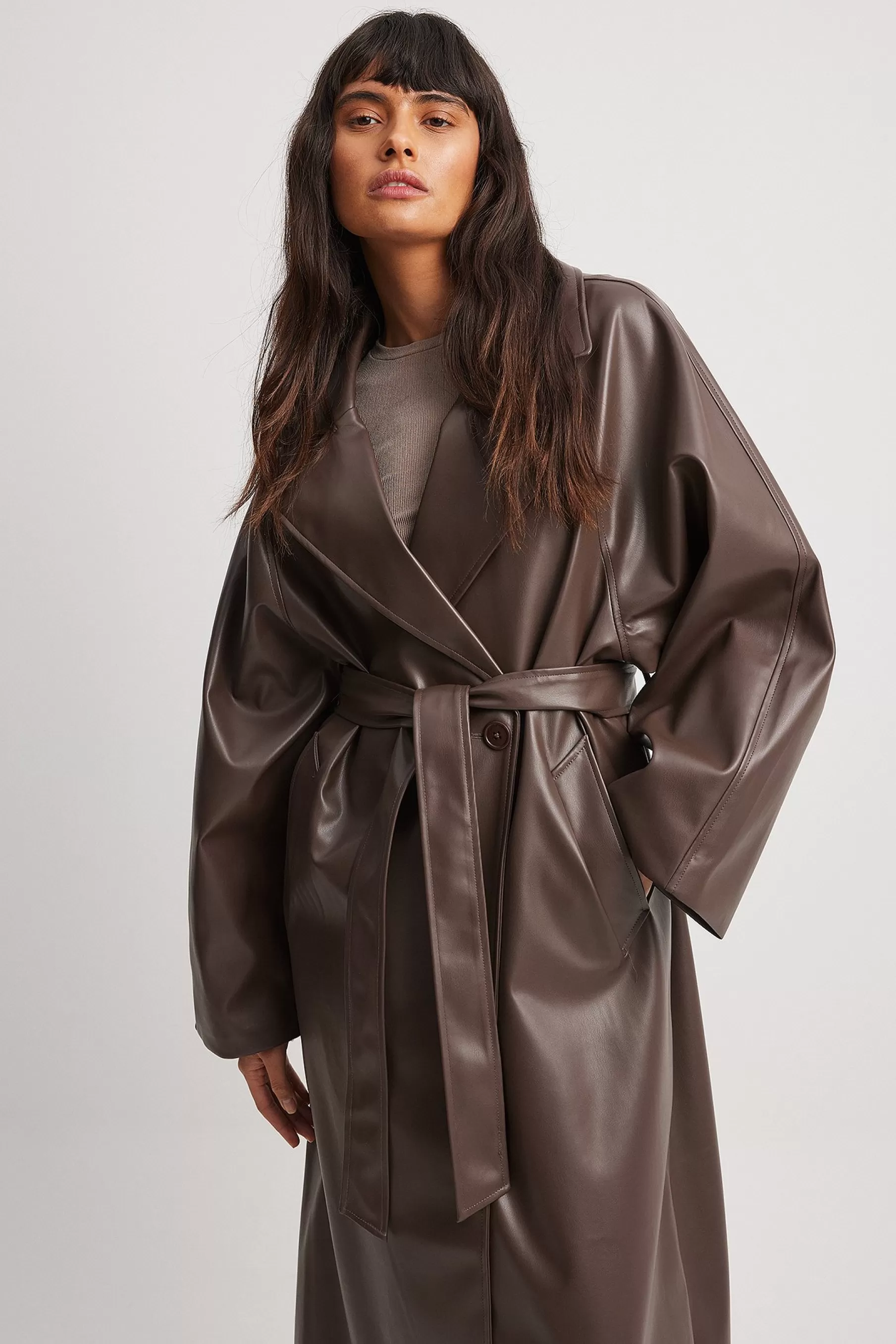 NA-KD Oversized PU Trench Coat Brown