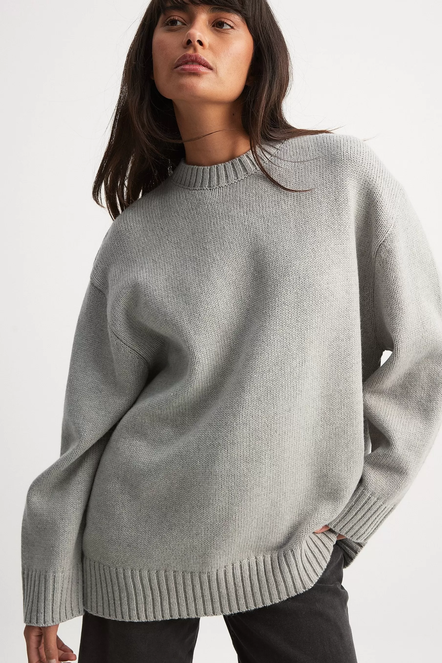 NA-KD Oversized Round Neck Knitted Sweater Grey