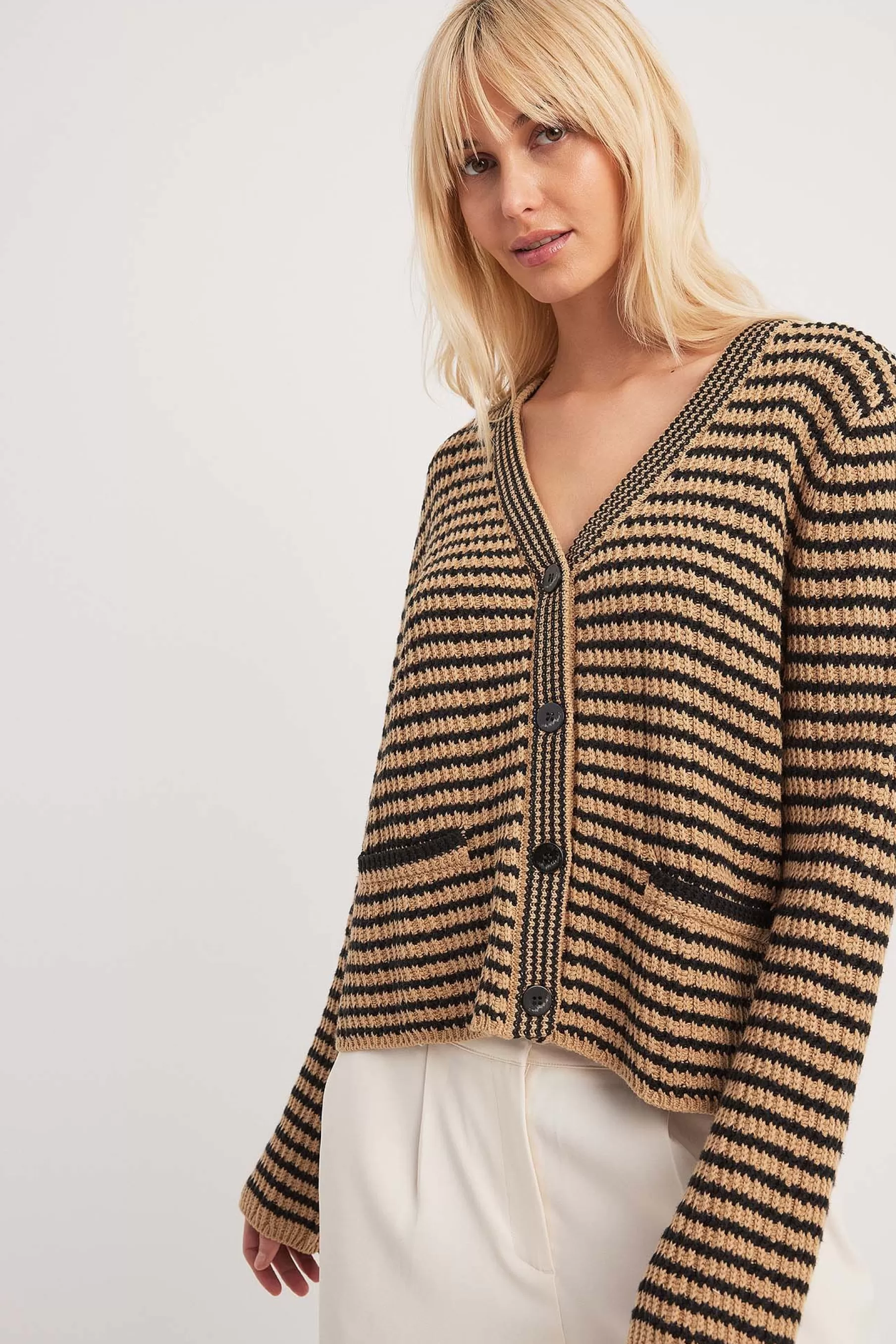 NA-KD Oversized Striped Knitted Cardigan Beige