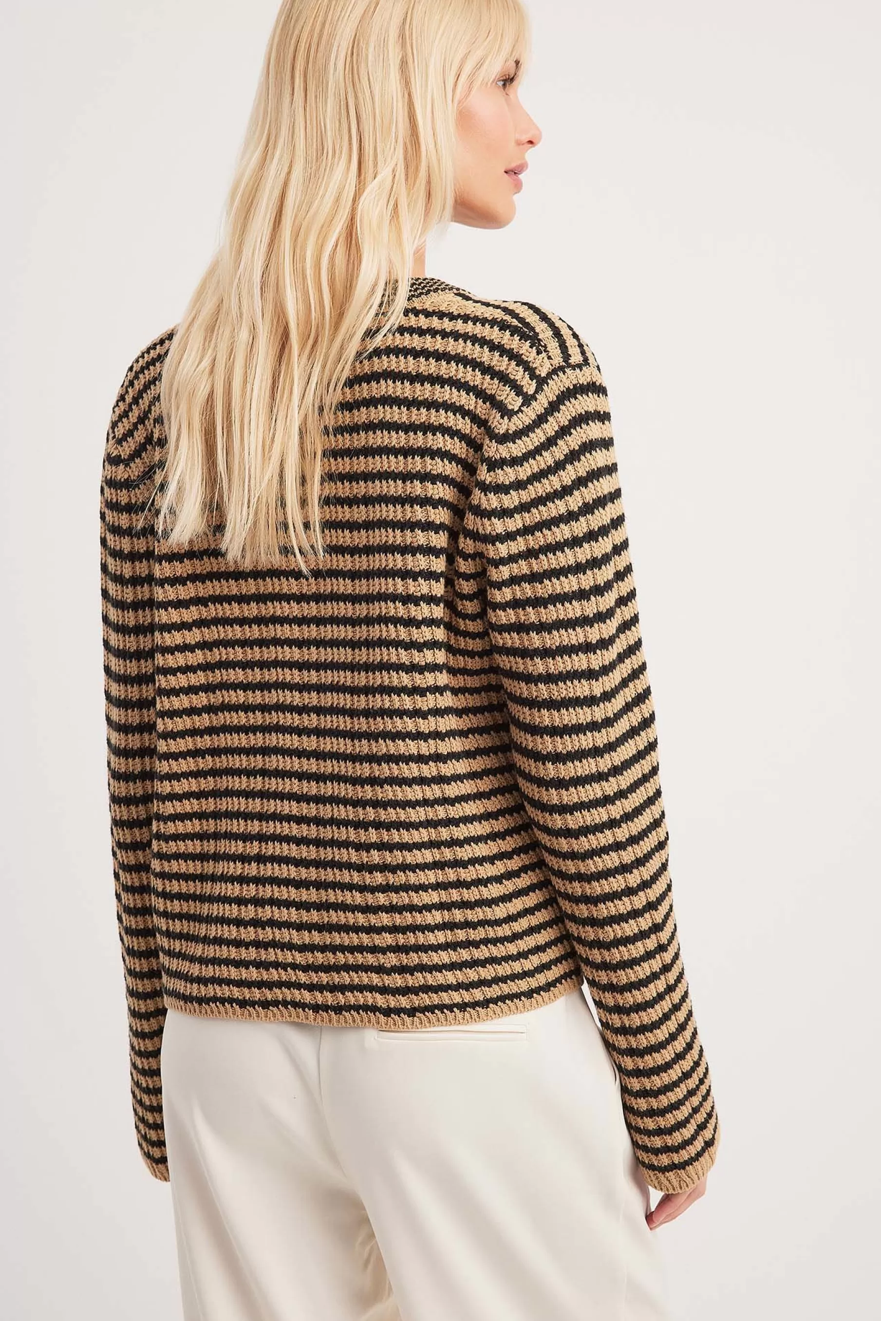 NA-KD Oversized Striped Knitted Cardigan Beige