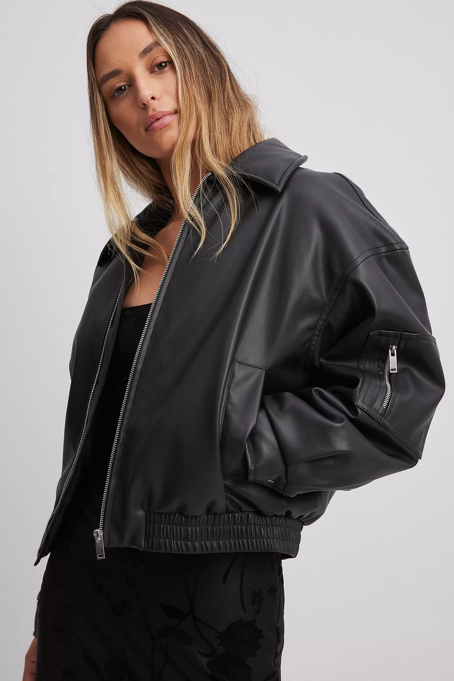 NA-KD Padded Pu Bomber Jacket Black