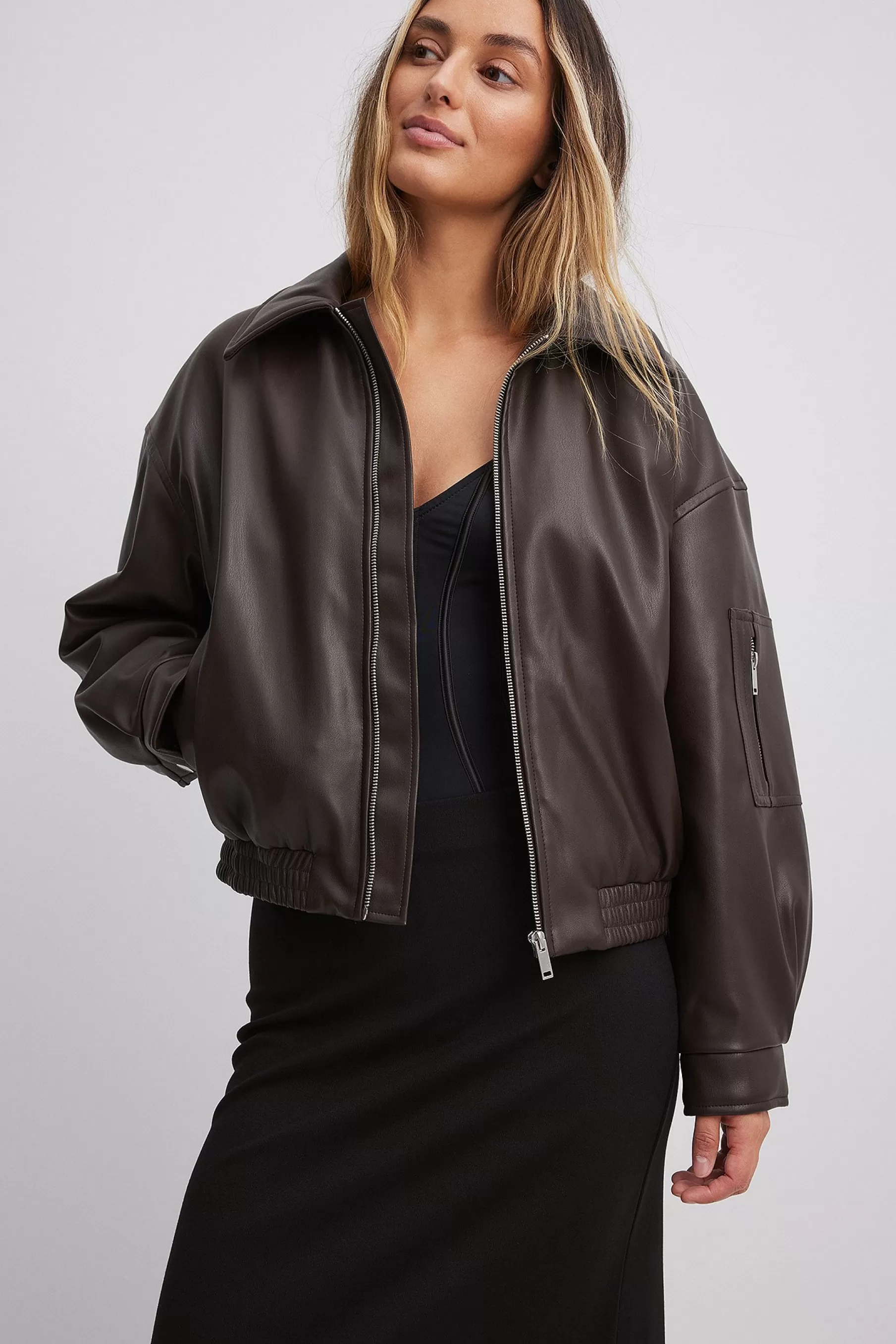 NA-KD Padded Pu Bomber Jacket Brown