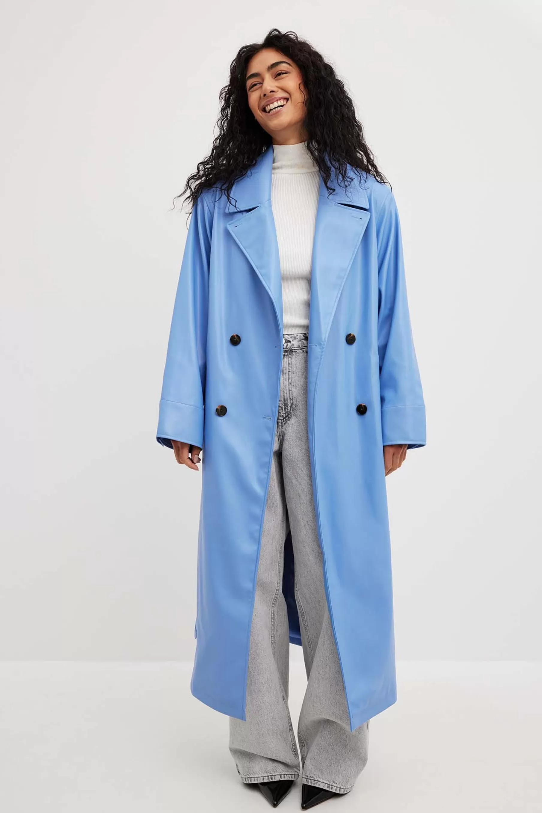 NA-KD Padded Shoulder Pu Trench Blue