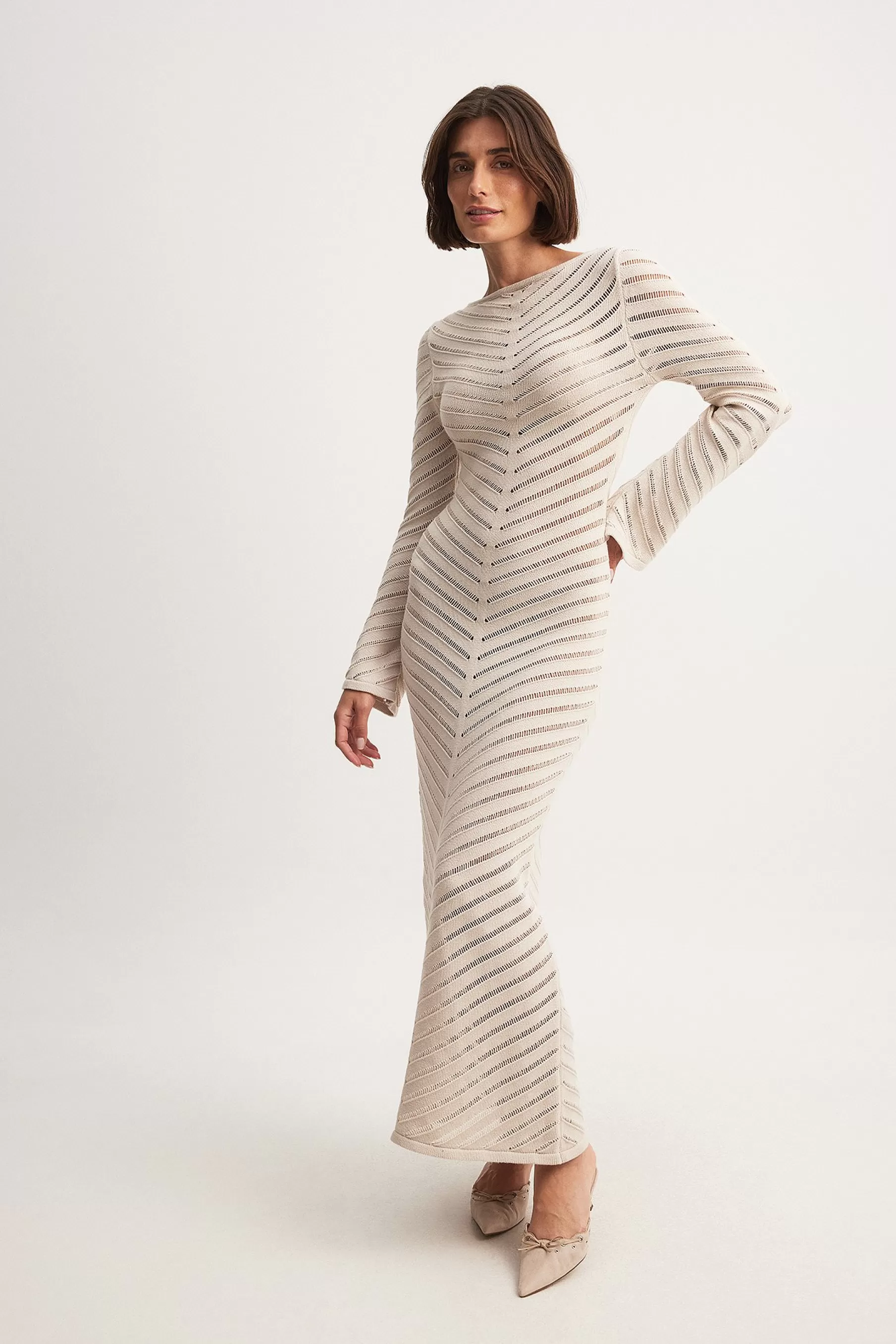 NA-KD Pattern Knitted Maxi Dress Offwhite