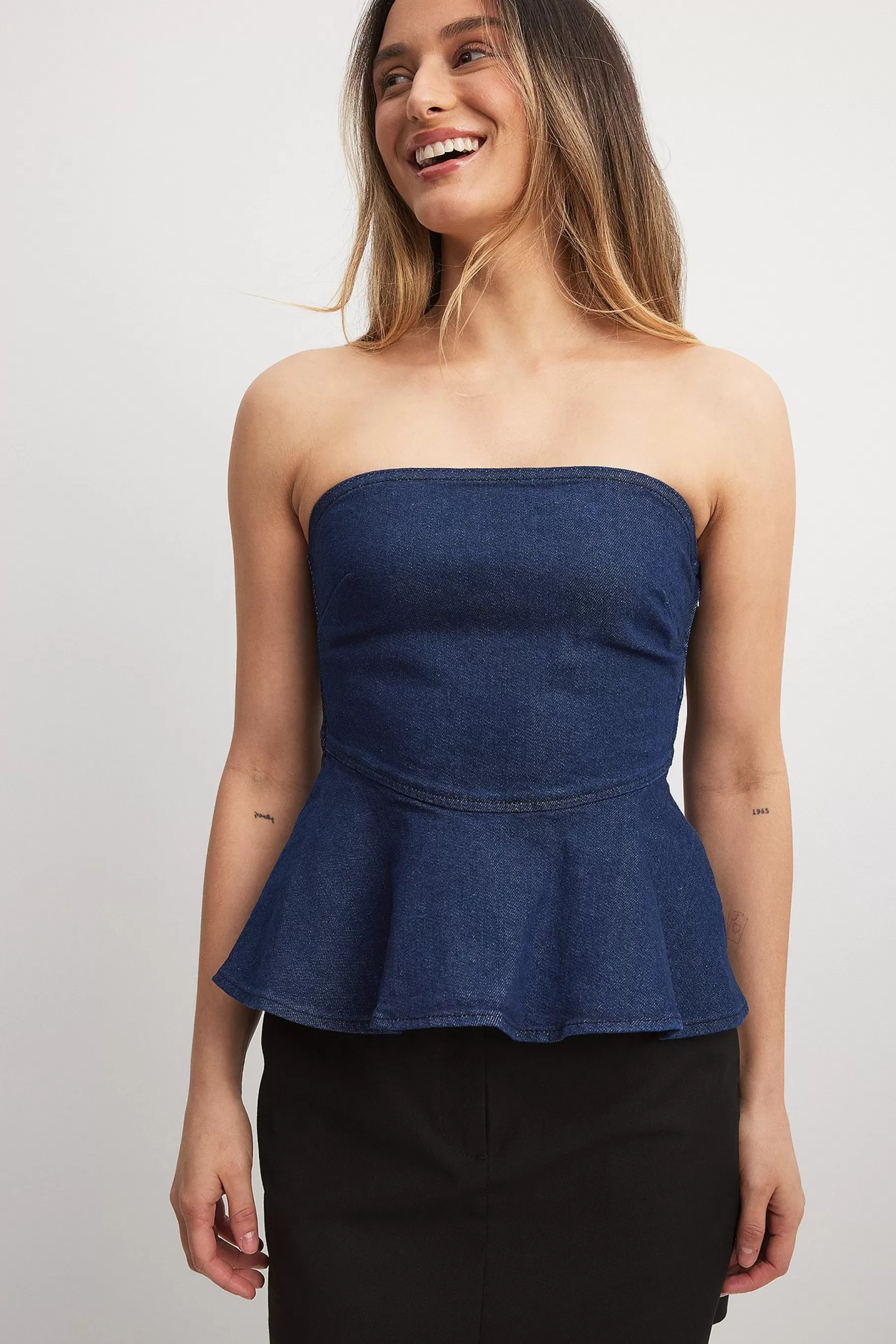 NA-KD Peplum Denim Top Blue