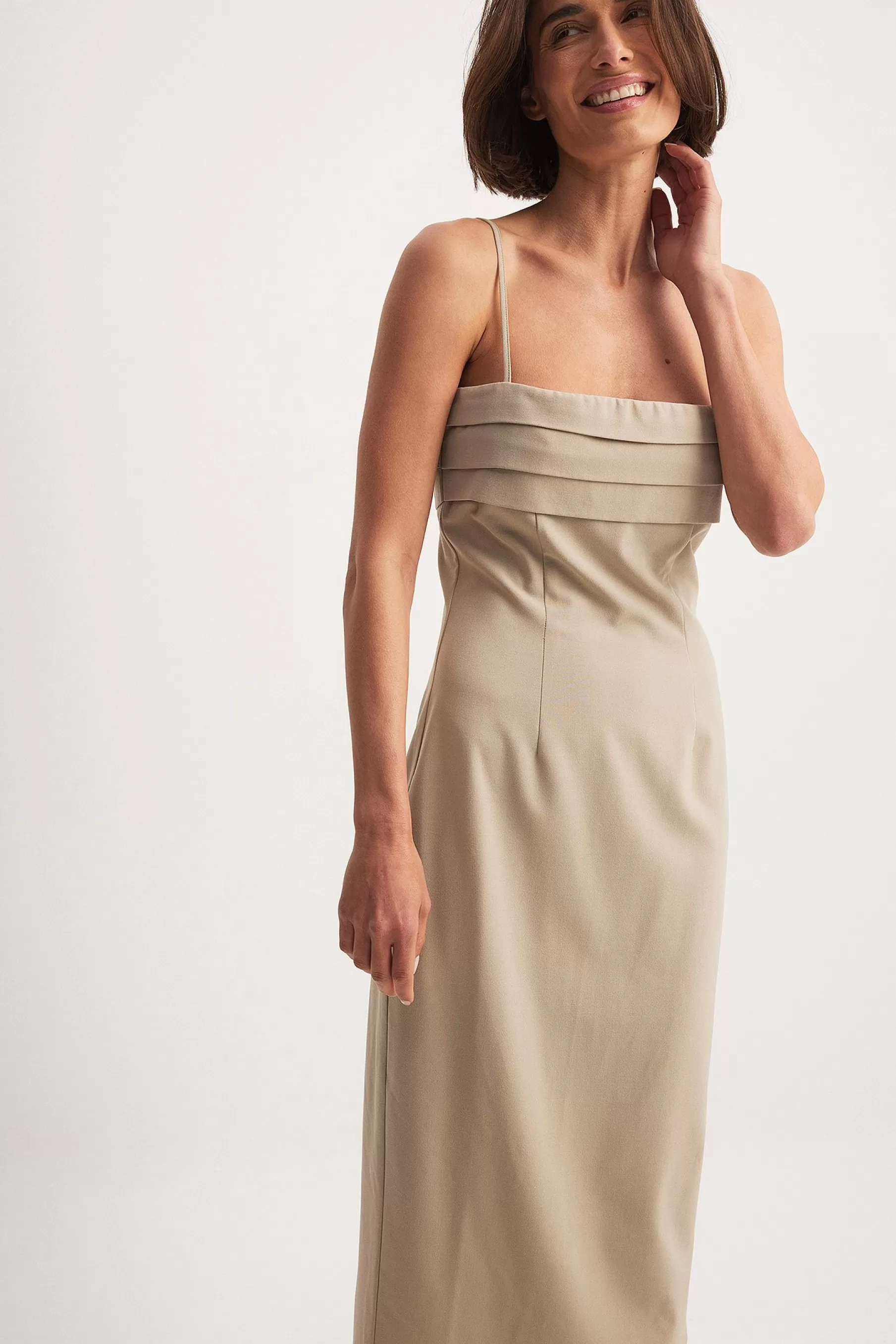 NA-KD Pleat Deatil Chest Maxi Dress Beige