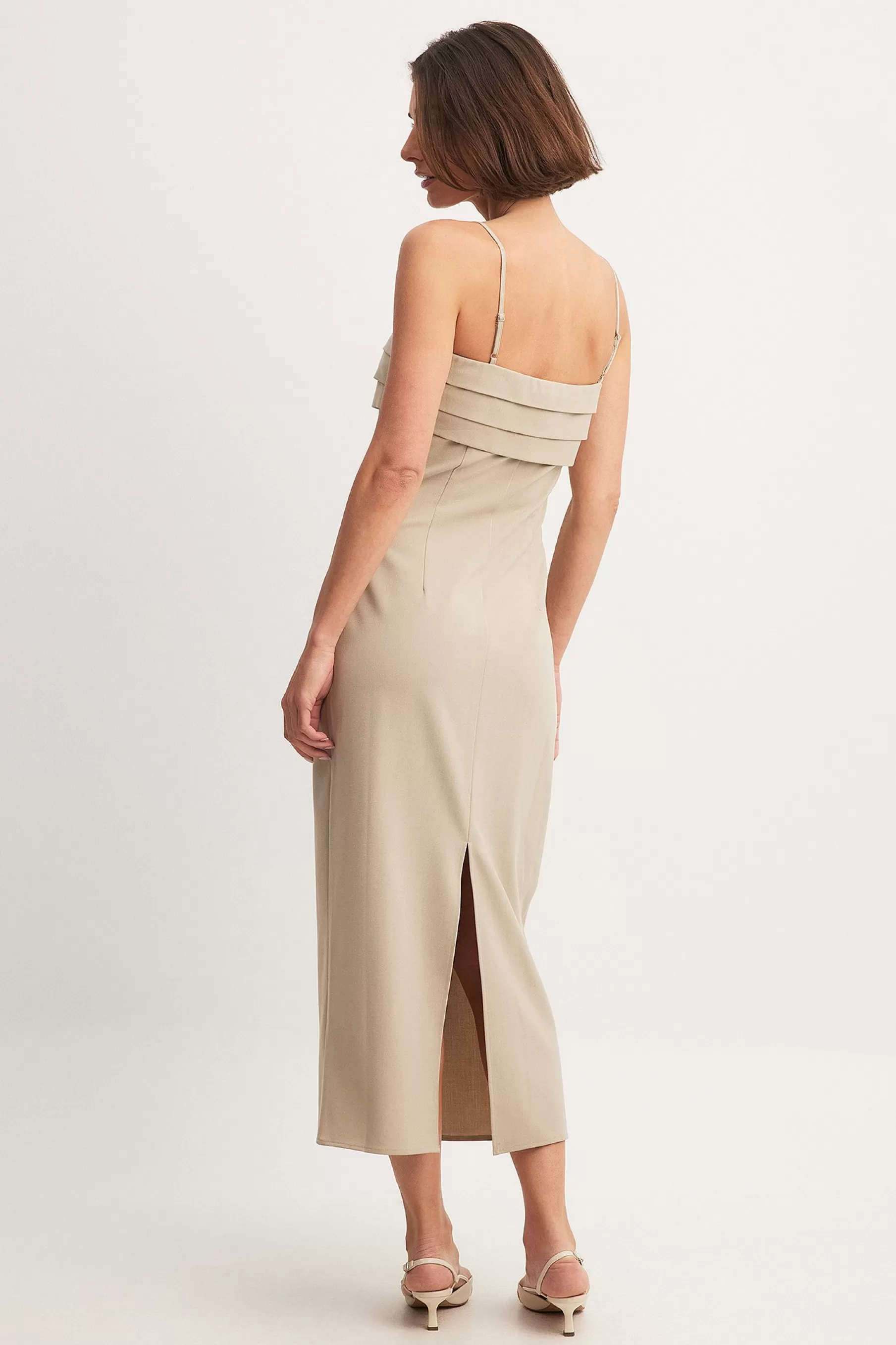 NA-KD Pleat Deatil Chest Maxi Dress Beige