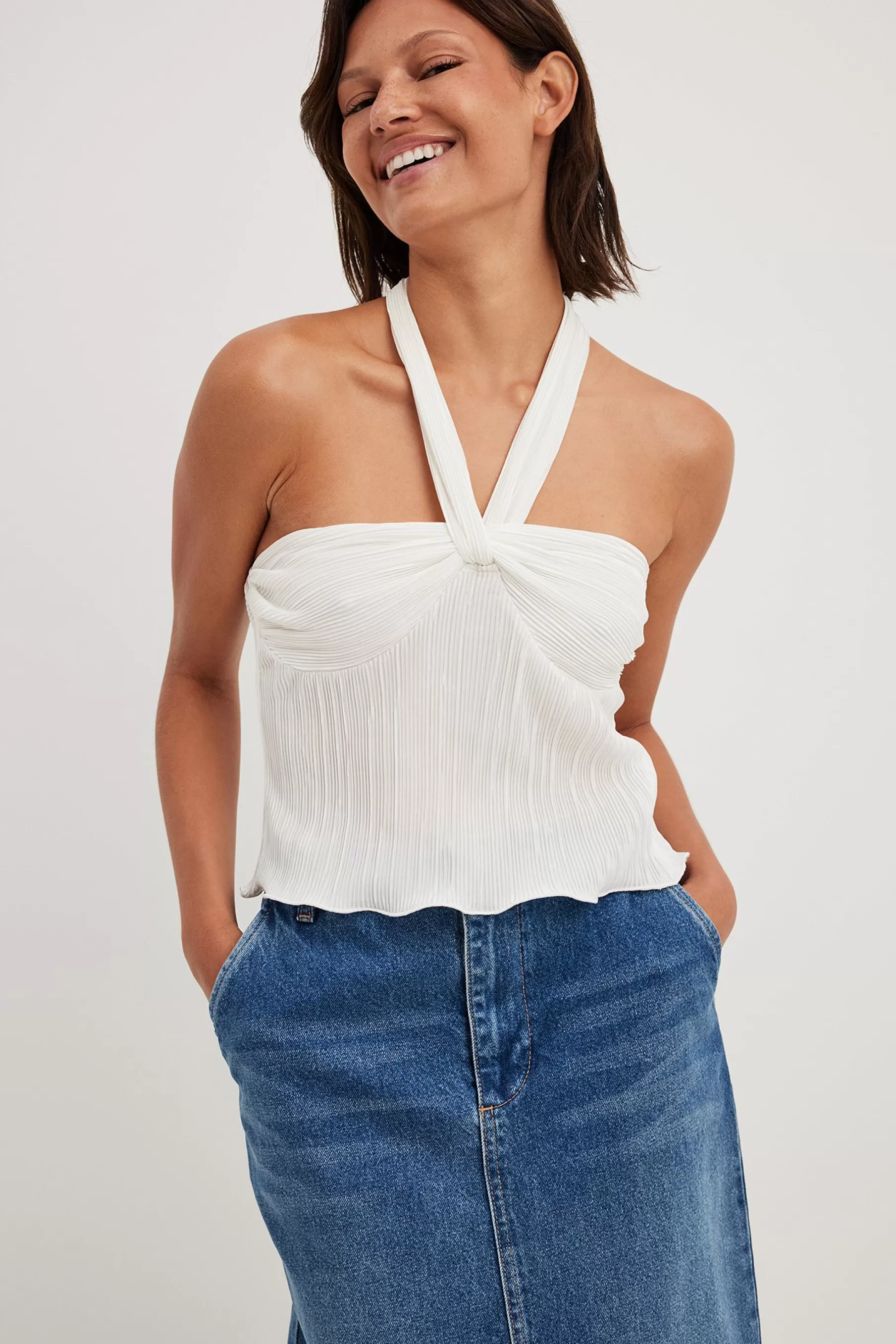 NA-KD Pleated Knot Detail Top Offwhite