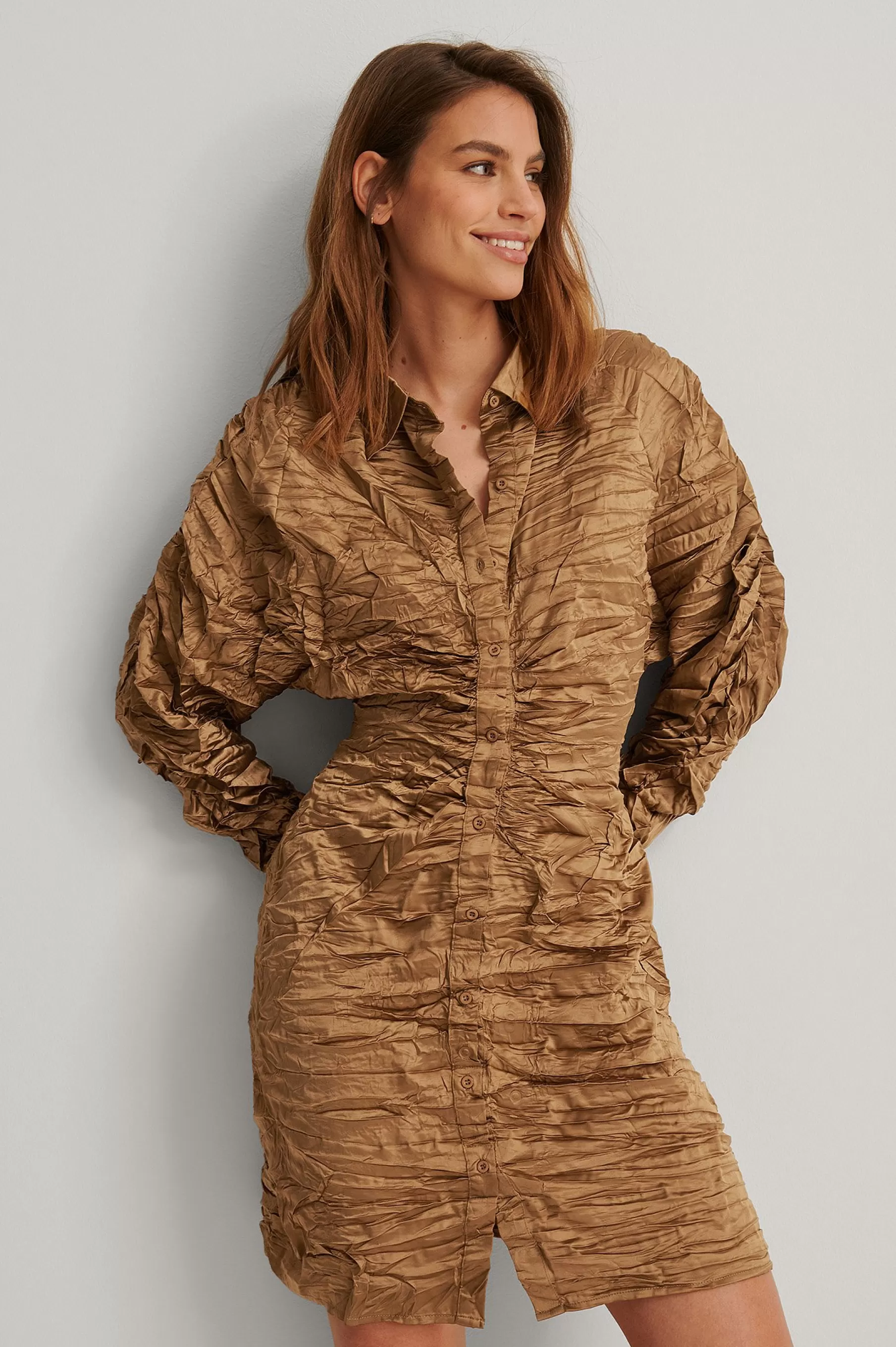 NA-KD Pleated Shirt Dress Brown