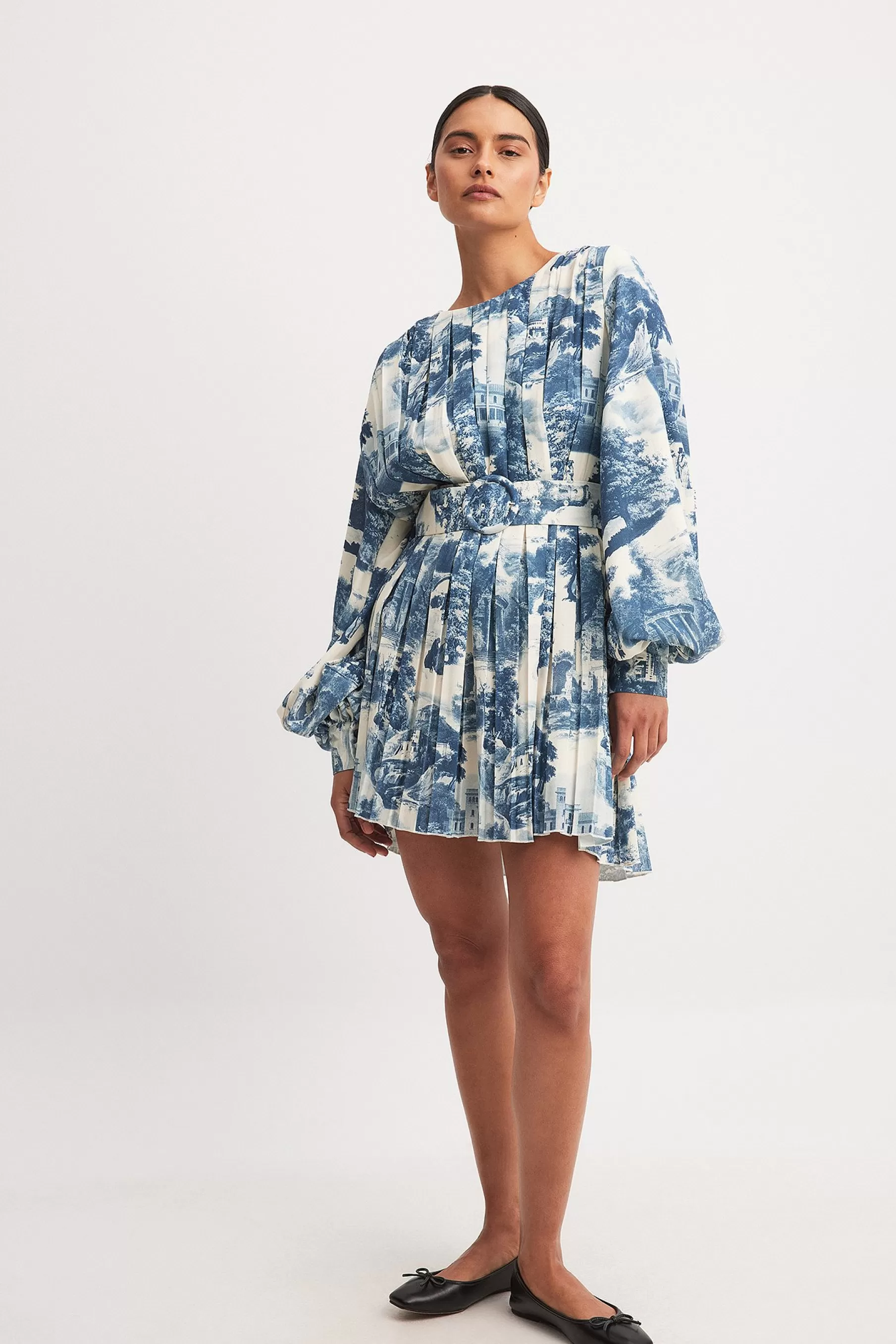 NA-KD Pleated Woven Balloon Sleeve Mini Dress Blue