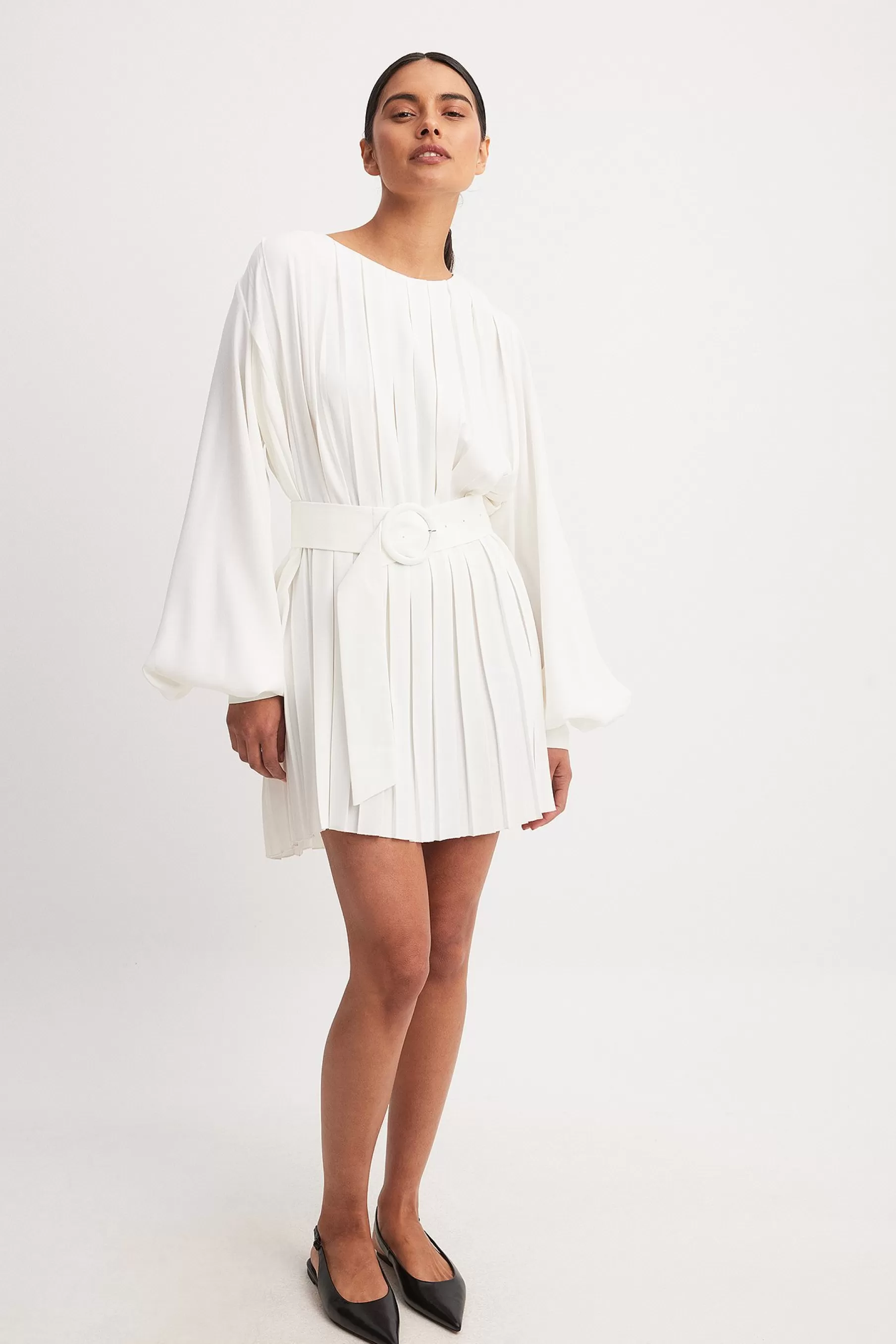 NA-KD Pleated Woven Balloon Sleeve Mini Dress White