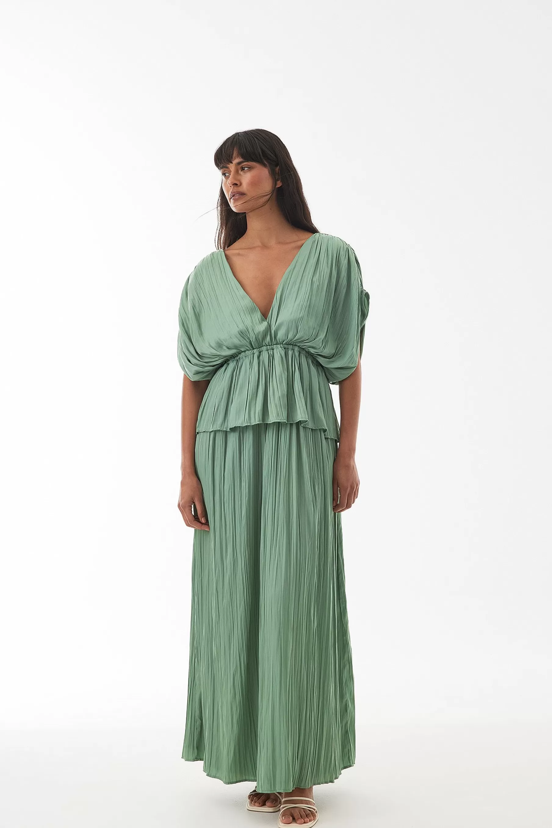 NA-KD Plisse Tiered Maxi Dress Green