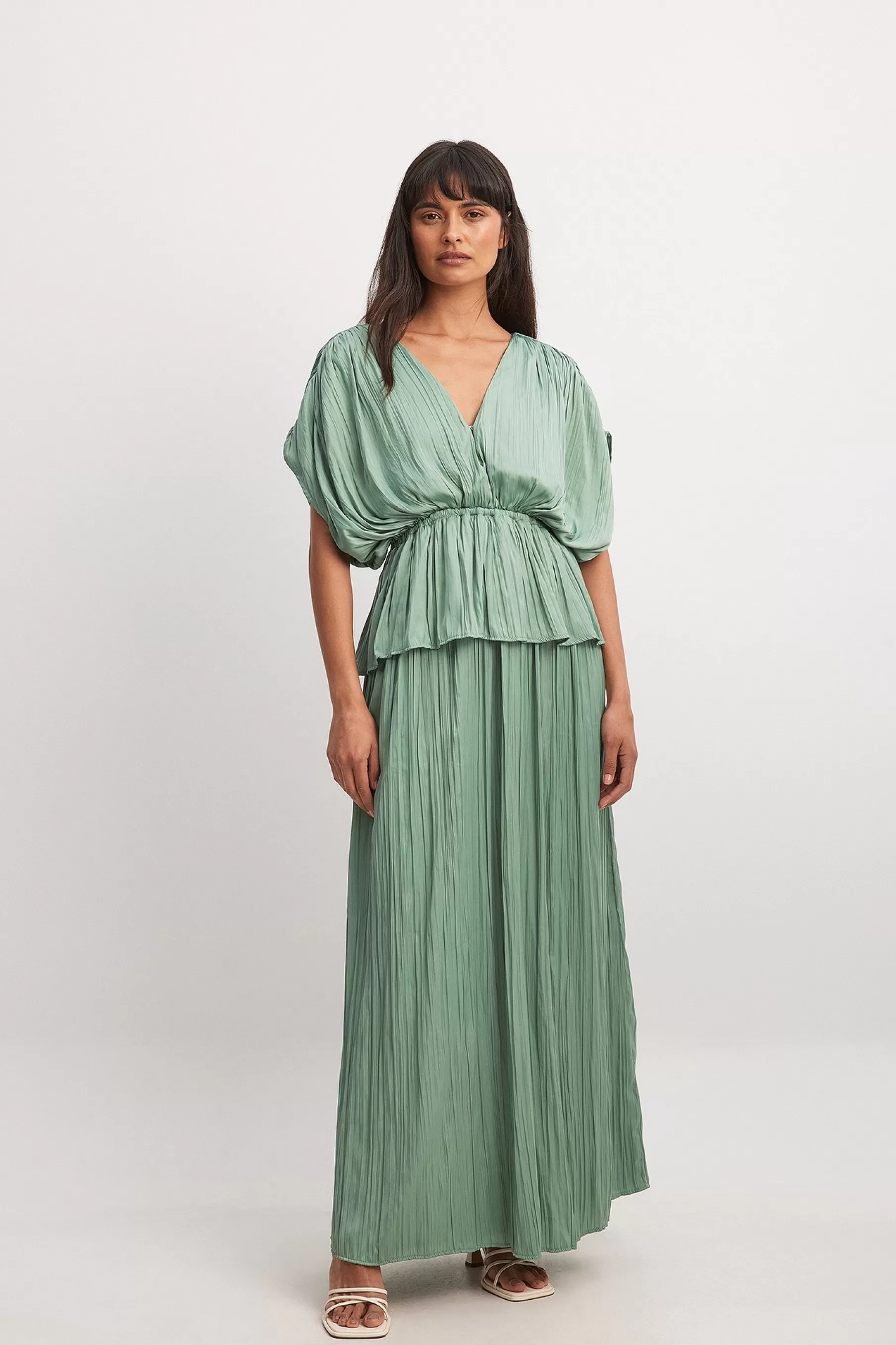 NA-KD Plisse Tiered Maxi Dress Green