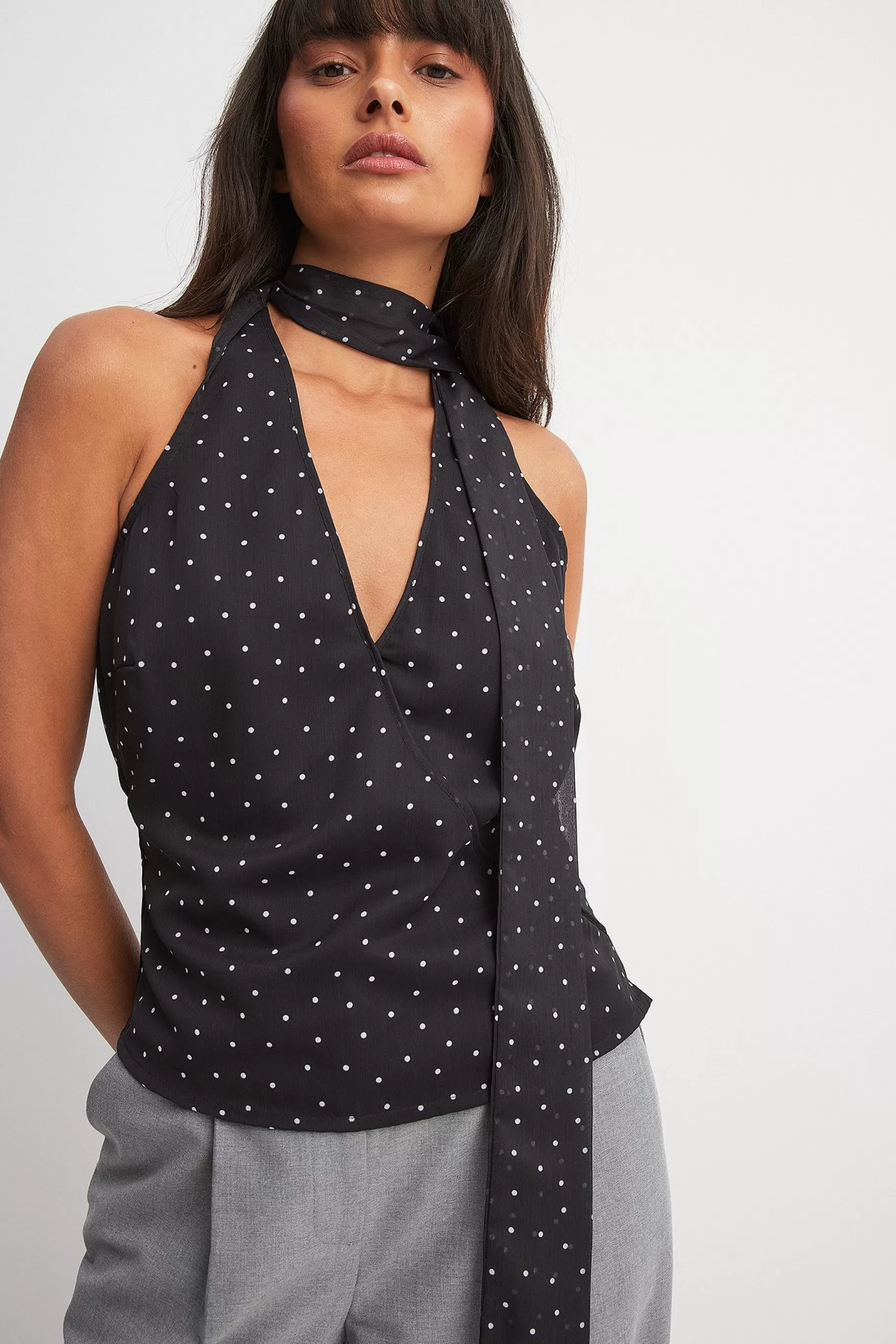 NA-KD Printed Chiffon Halterneck Top Dotted