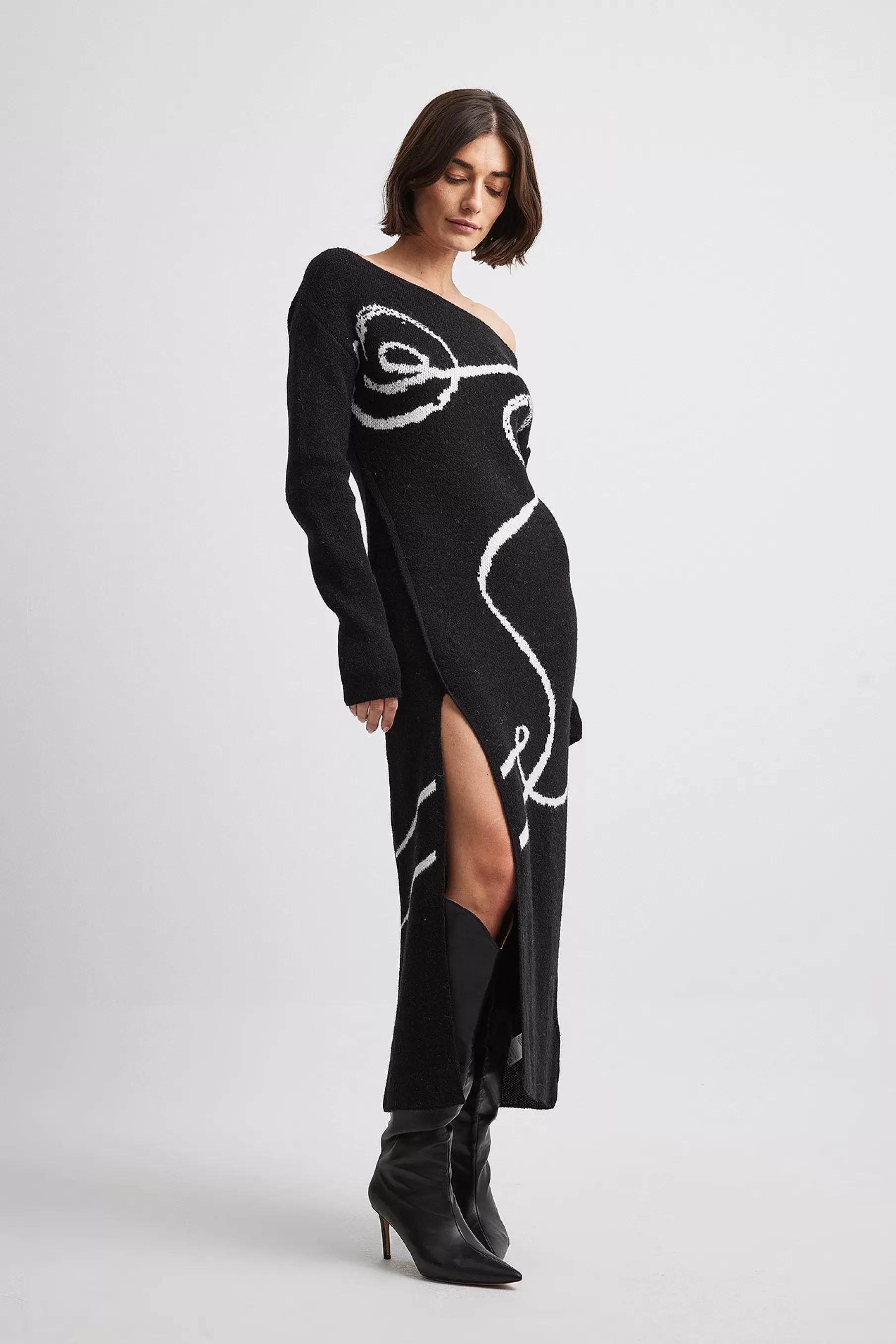 NA-KD Printed Knitted Dress Black