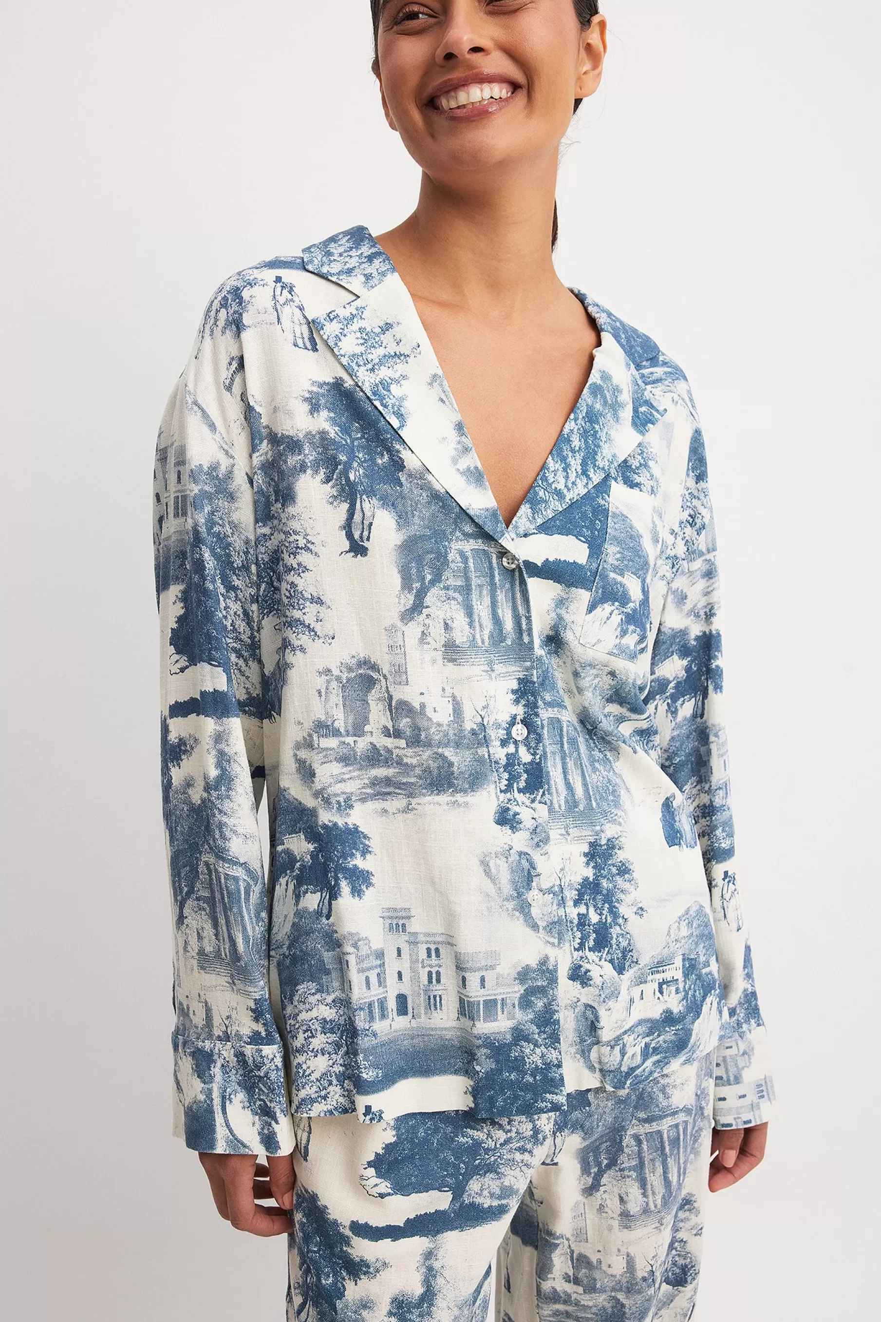 NA-KD Printed Oversized Linen Blend Shirt Blue