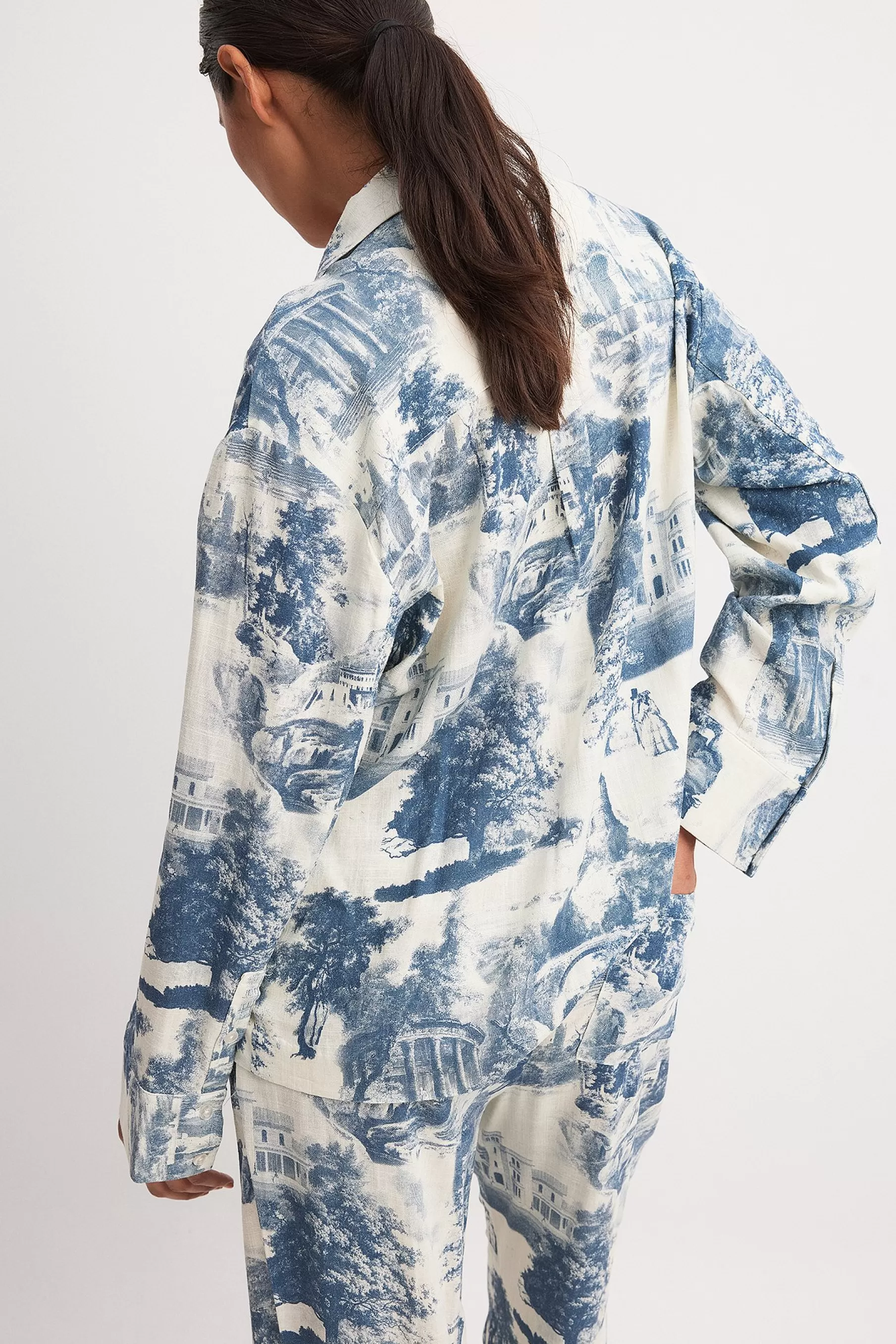 NA-KD Printed Oversized Linen Blend Shirt Blue