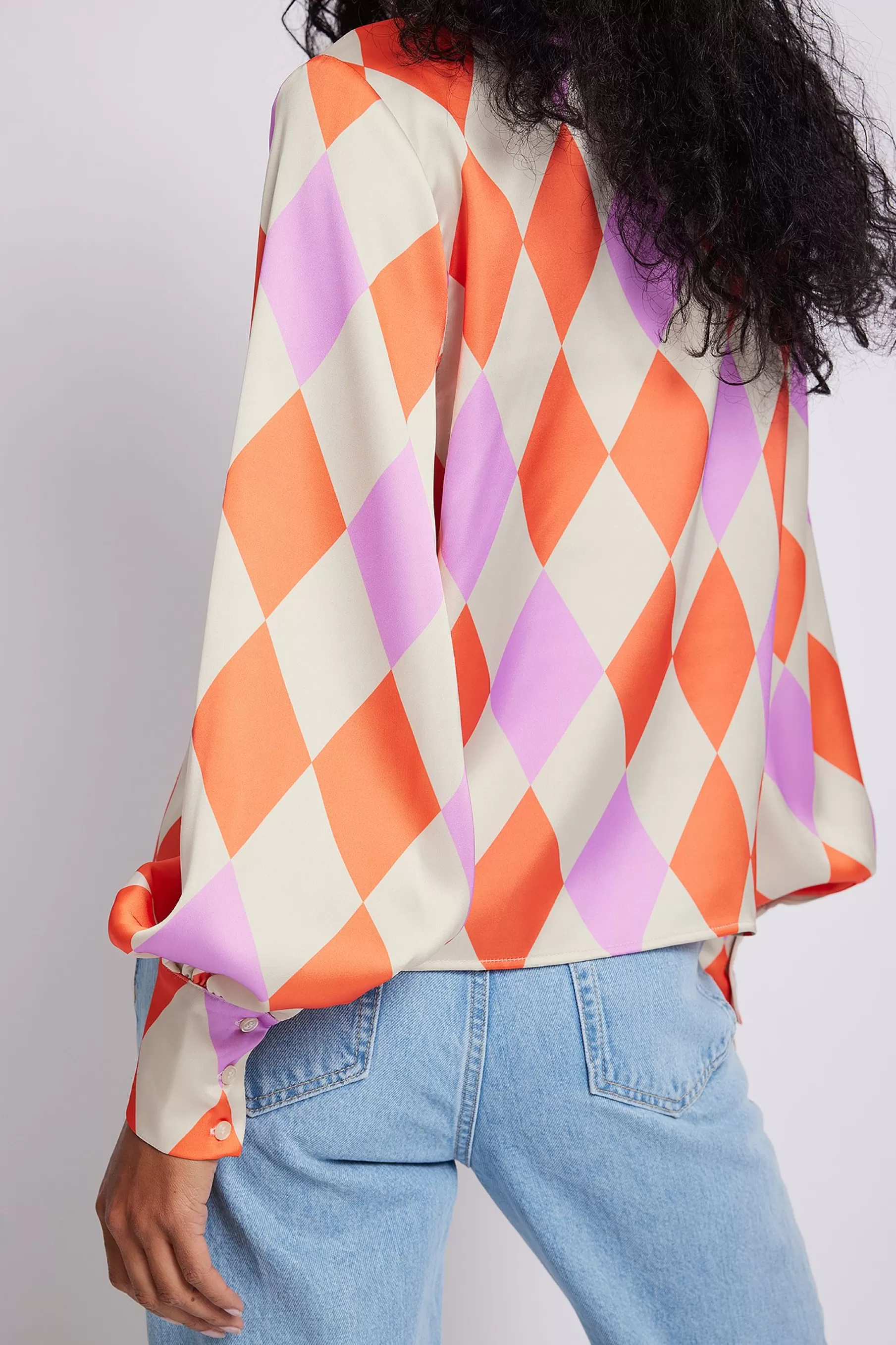 NA-KD Printed Satin Bow Blouse Checkered