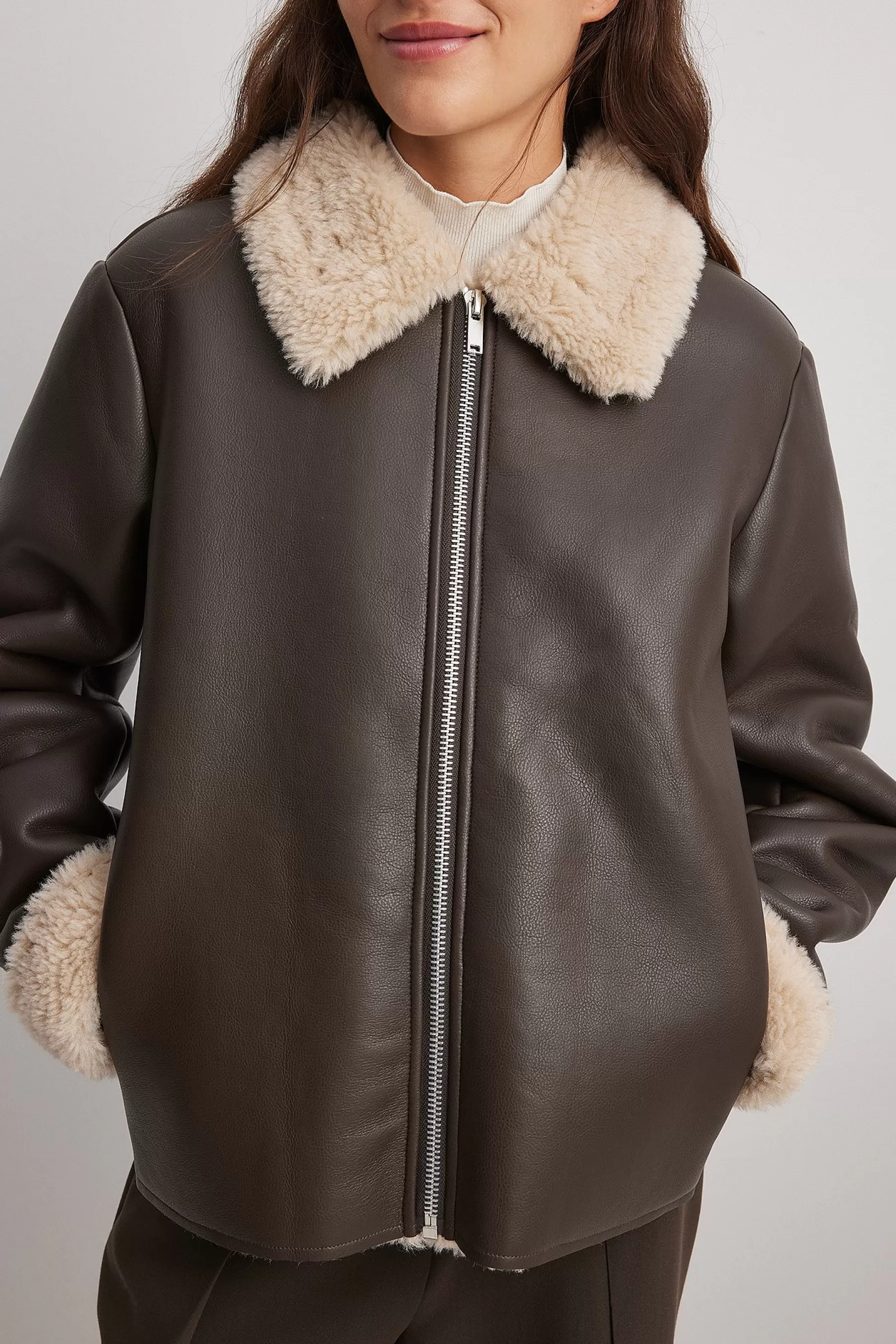 NA-KD PU Teddy Short Jacket Brown