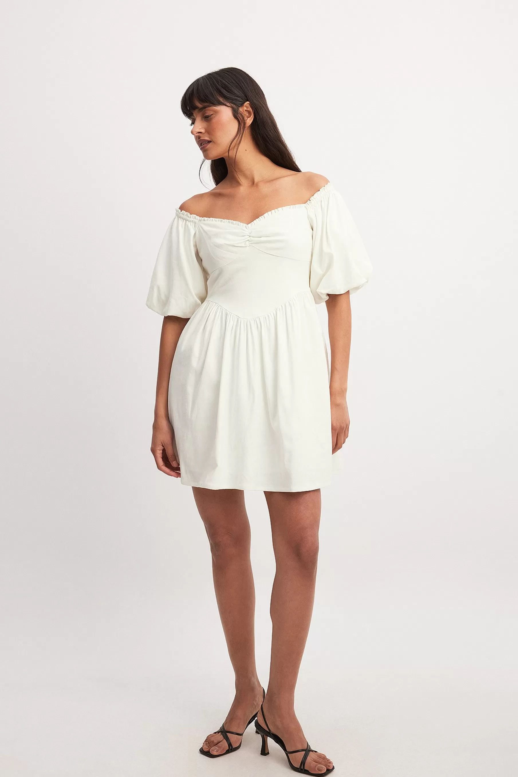 NA-KD Puff Sleeve Off Shoulder Mini Dress Offwhite