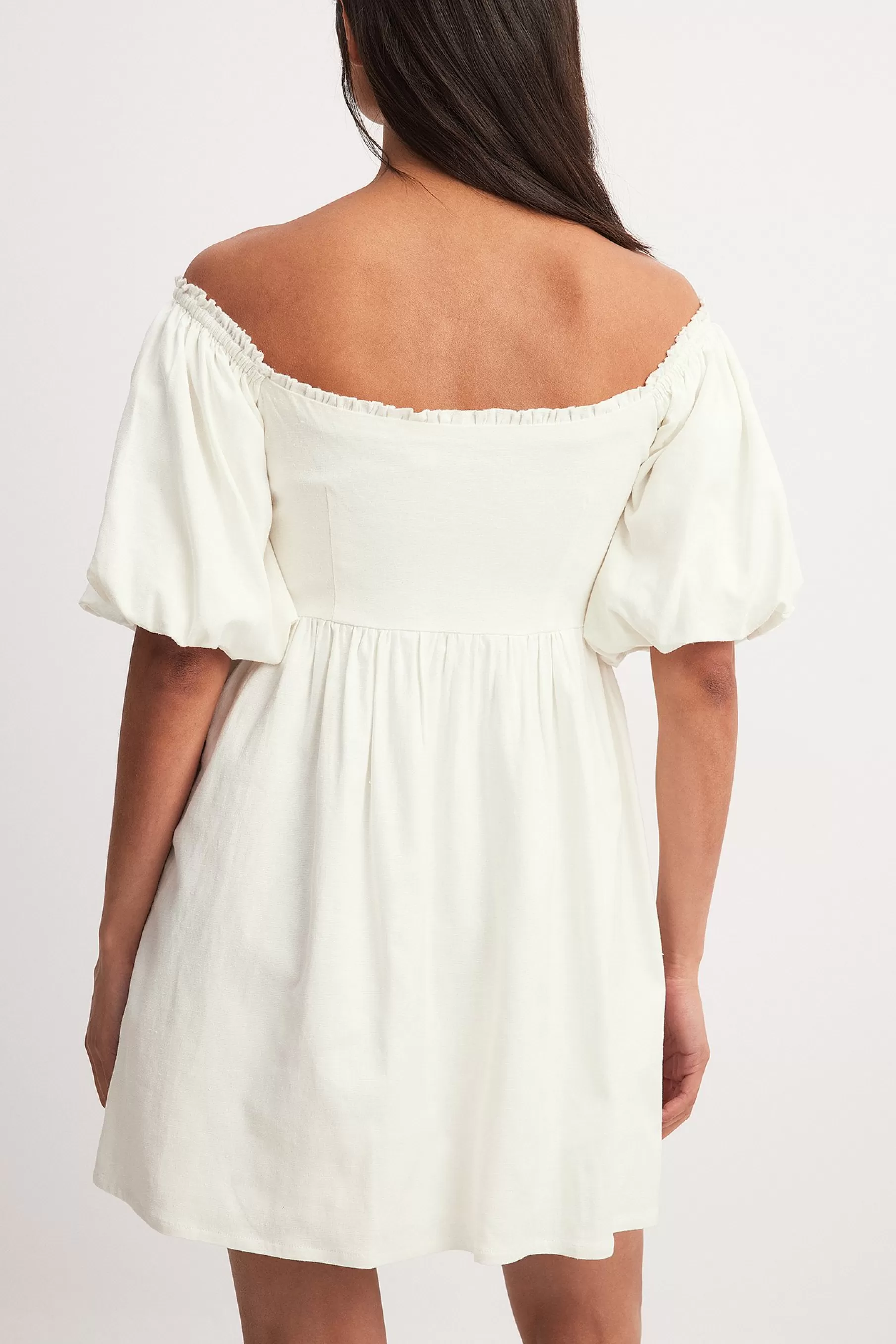 NA-KD Puff Sleeve Off Shoulder Mini Dress Offwhite