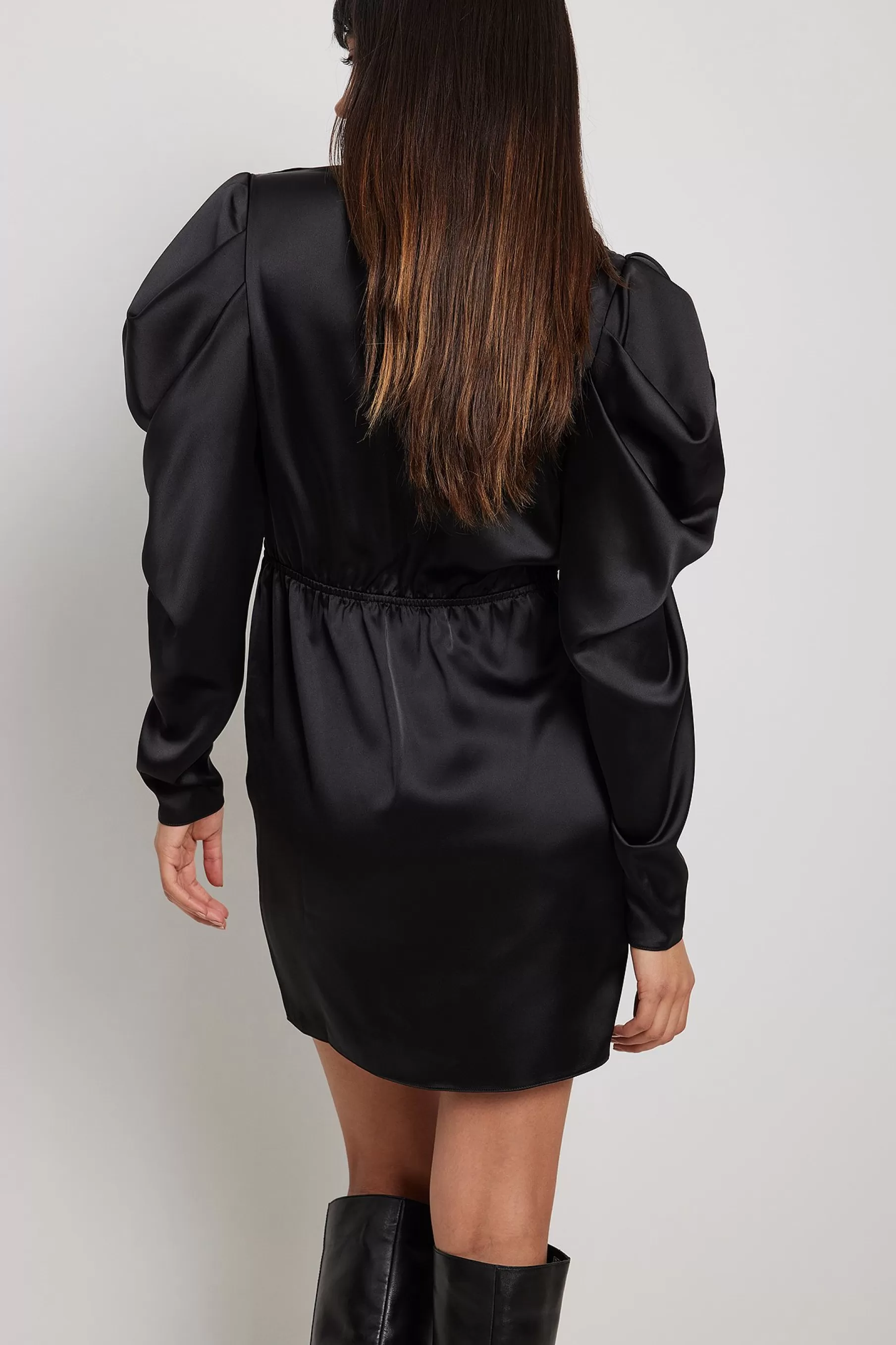 NA-KD Puff Sleeve Satin Dress Black