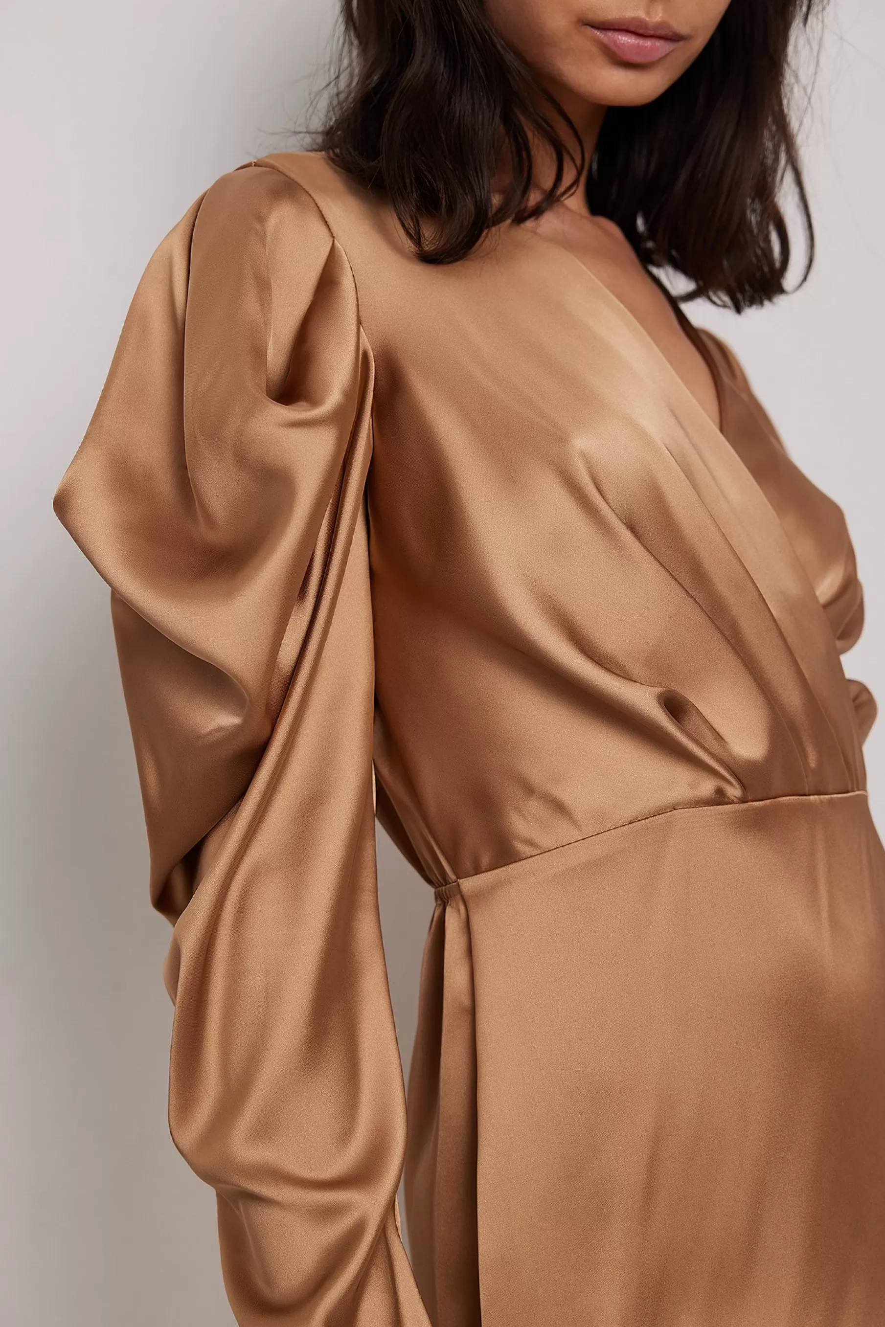 NA-KD Puff Sleeve Satin Dress Gold