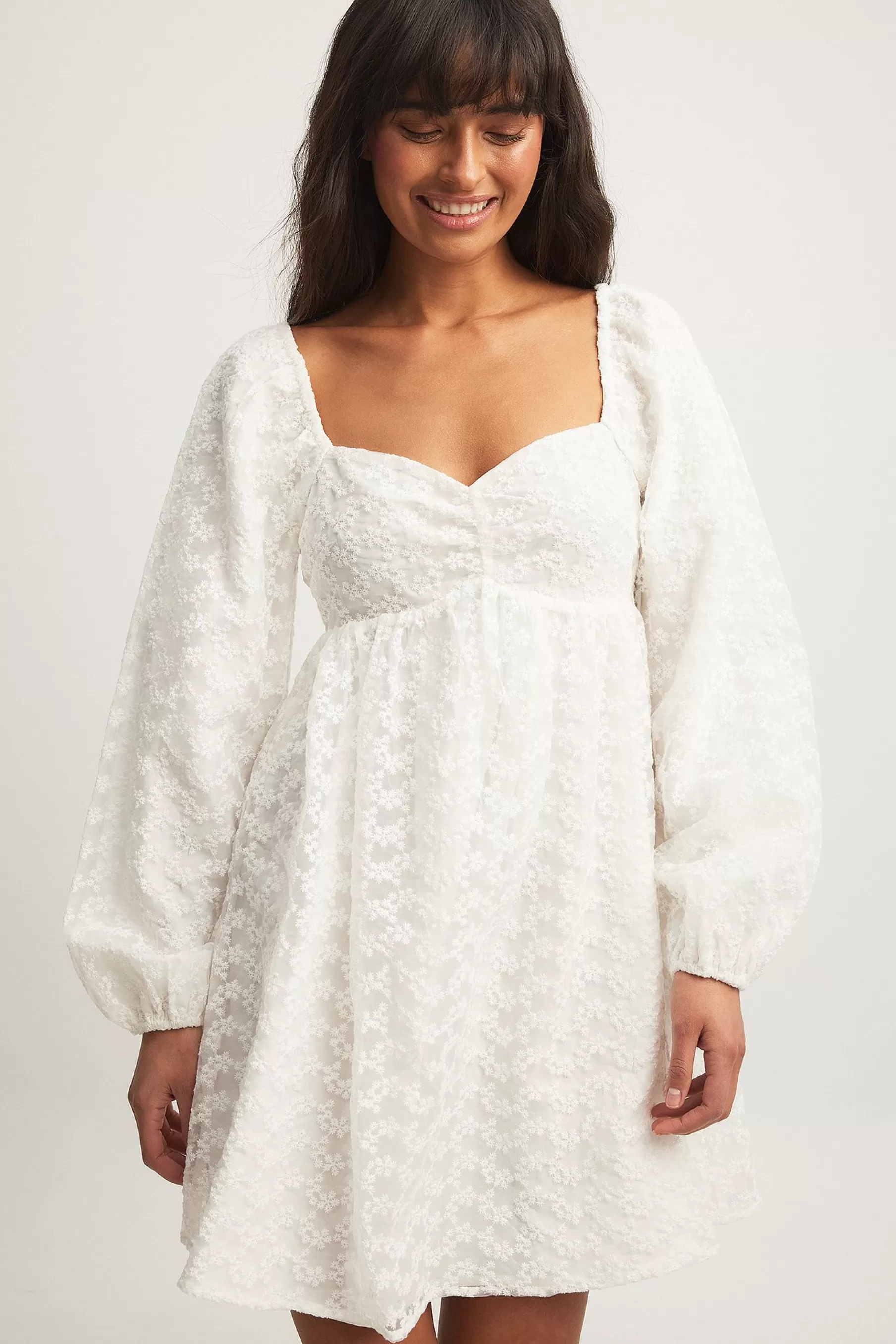 NA-KD Puffy Sleeve Gathered Mini Dress White