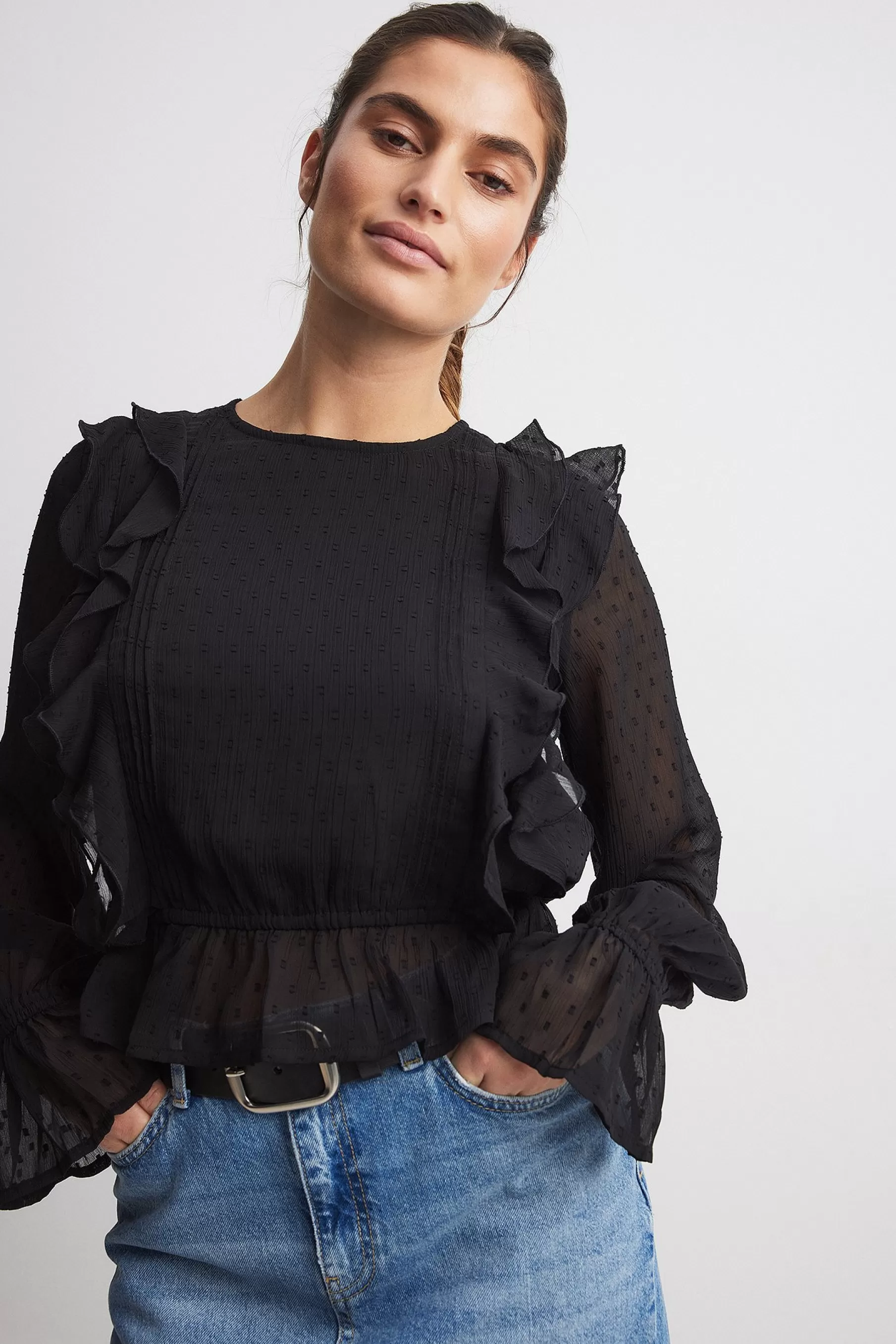 NA-KD Recycled Dobby Multi Frill Blouse Black