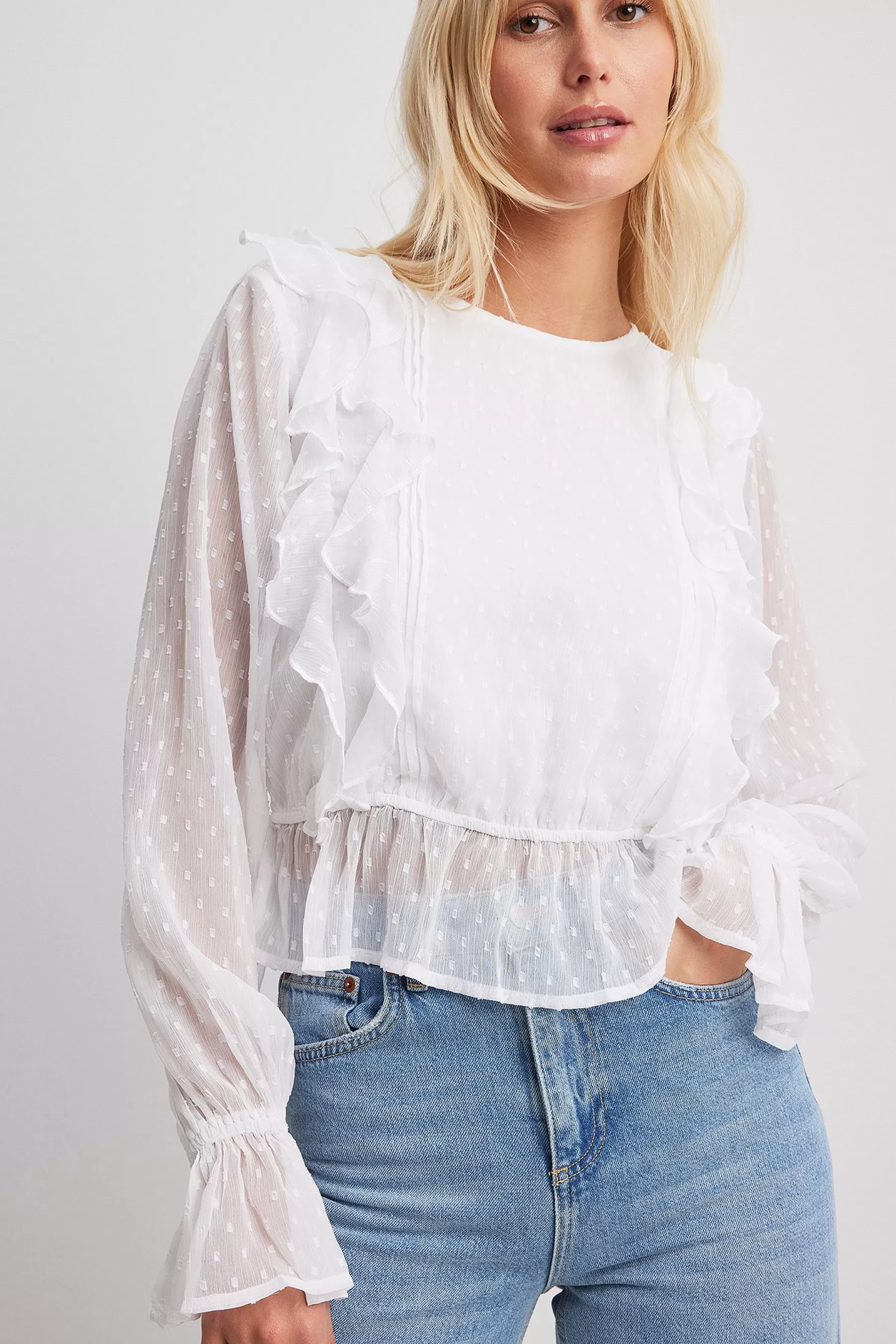 NA-KD Recycled Dobby Multi Frill Blouse White