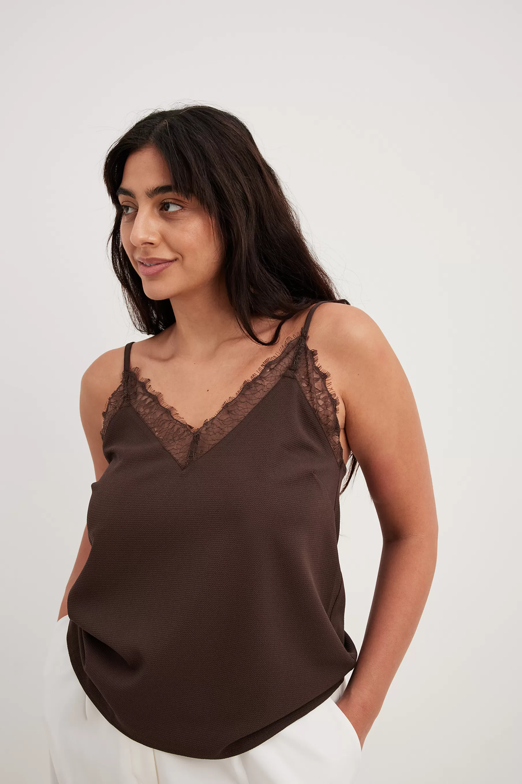 NA-KD Recycled Lace Detail Crepe Singlet Brown