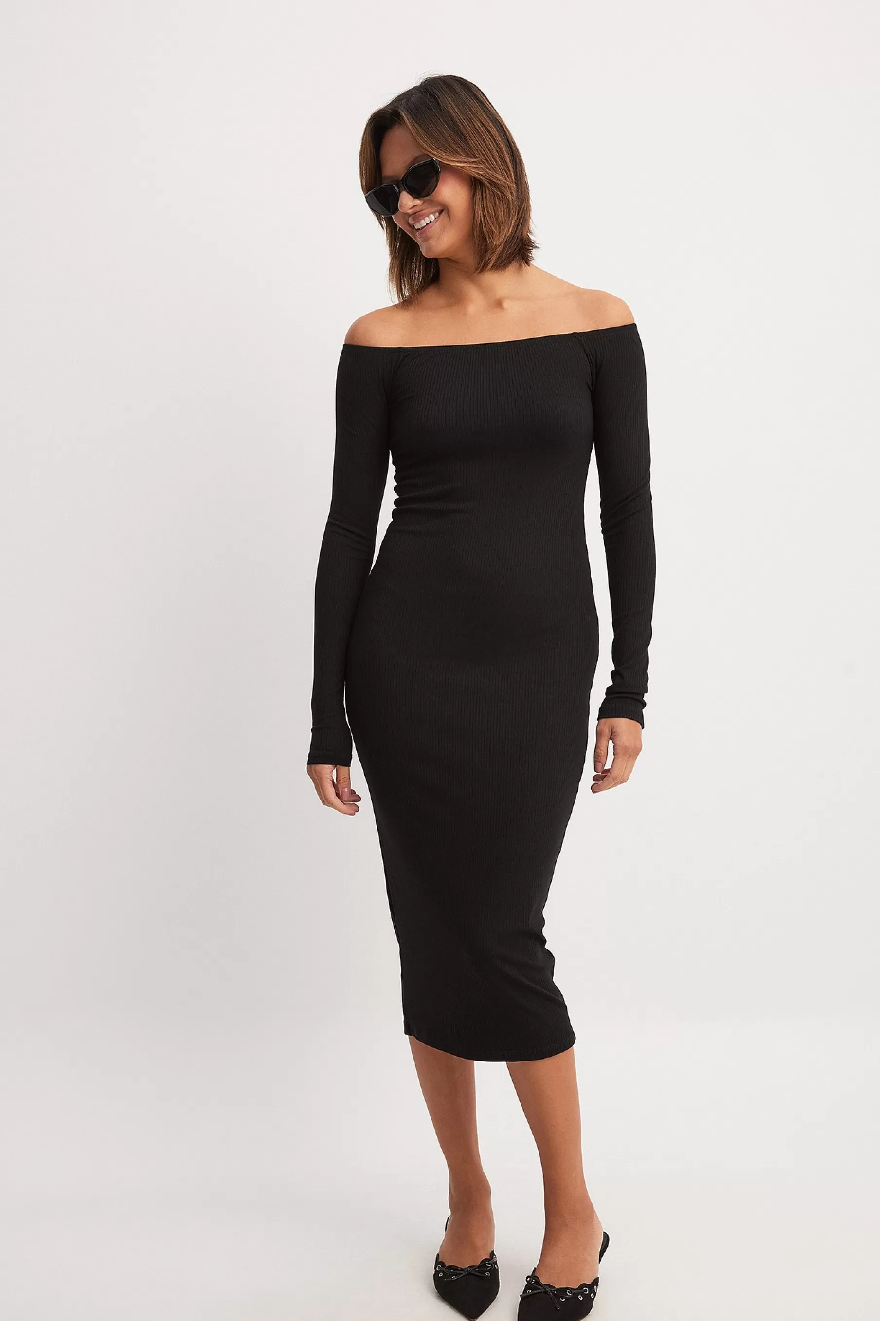 NA-KD Rib Bare Shoulder Midi Dress Black