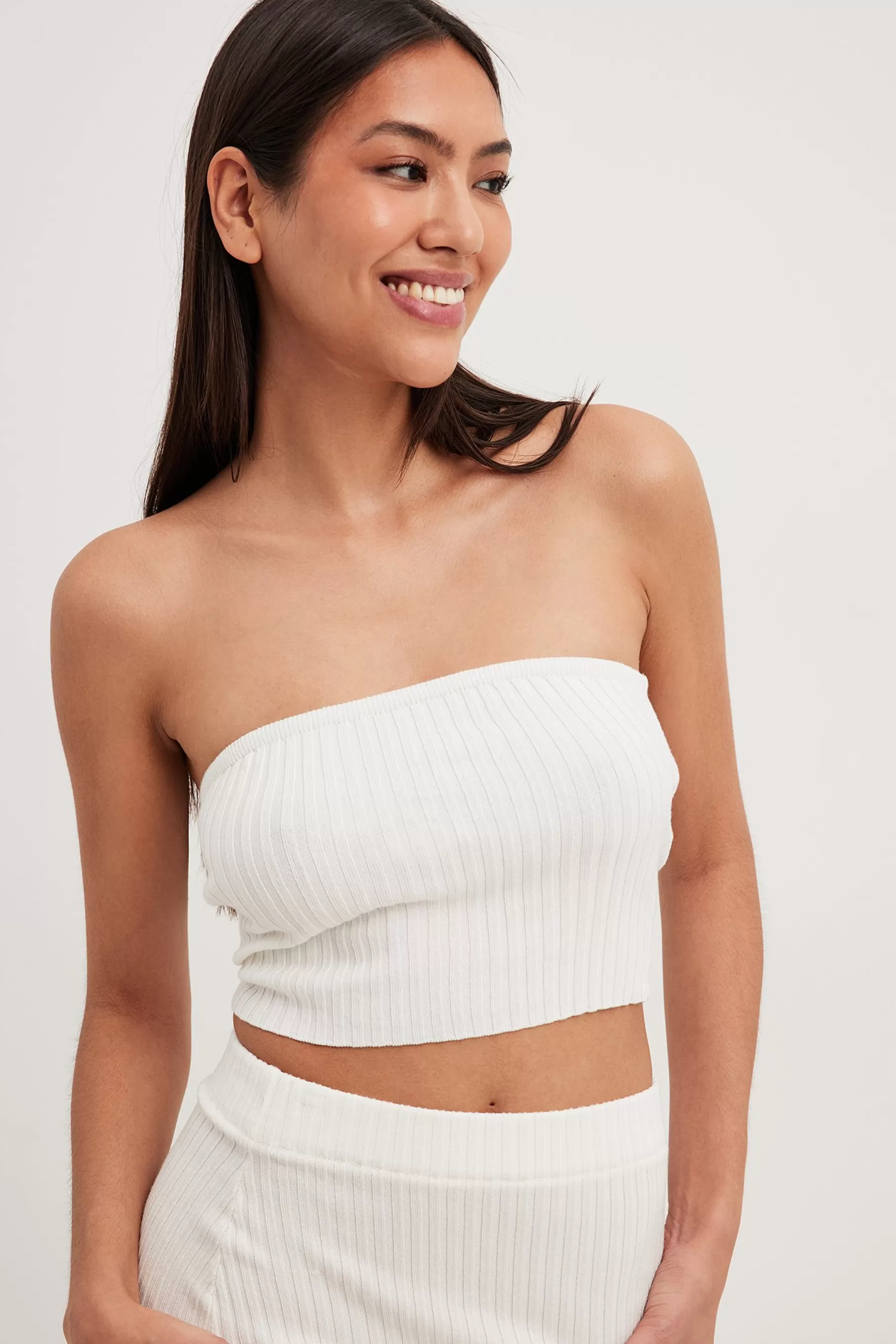 NA-KD Rib Knitted Bandeau Top Offwhite